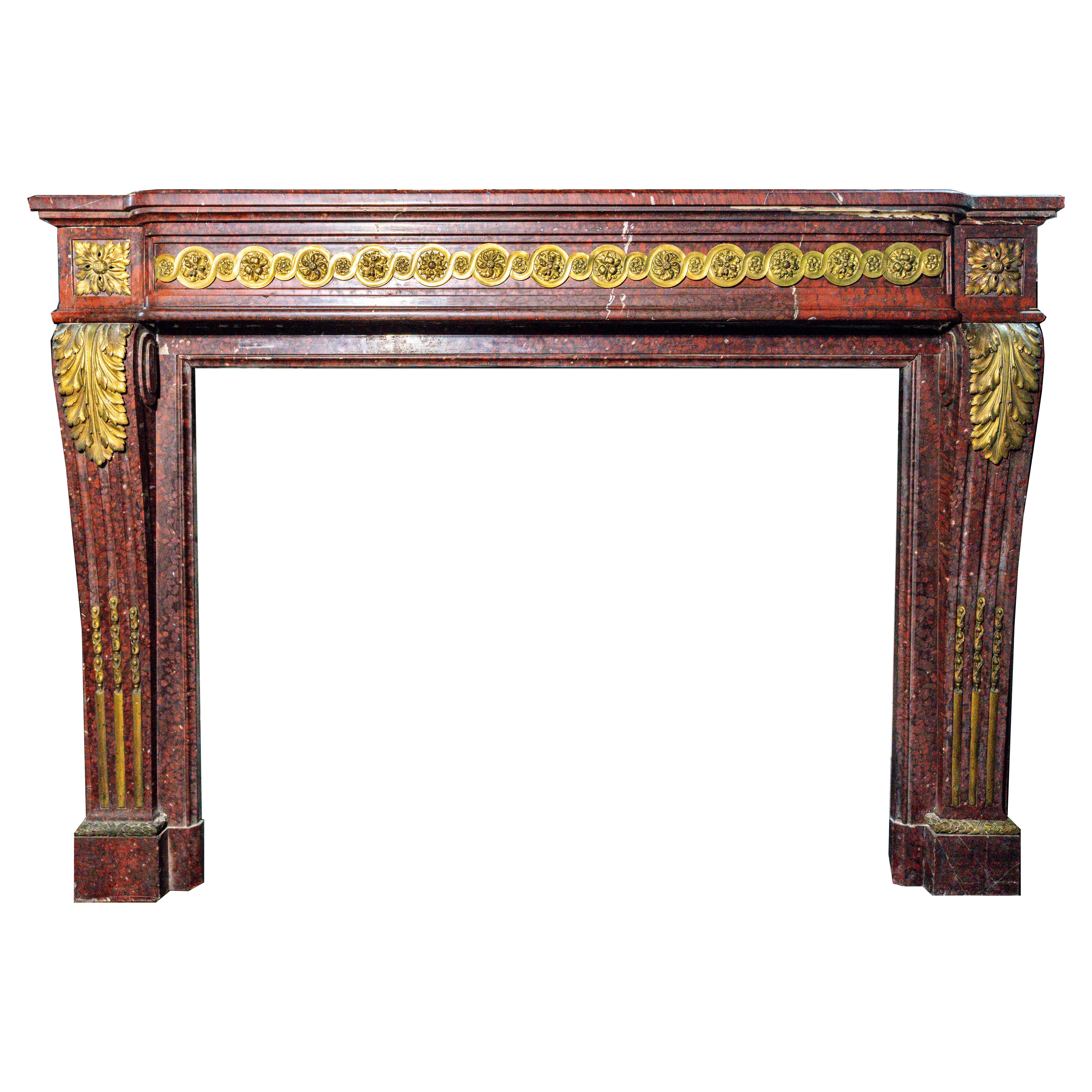 Chimenea Antigua Luis XVI Rojo Mármol Mantel Con Ormolu Francés en venta