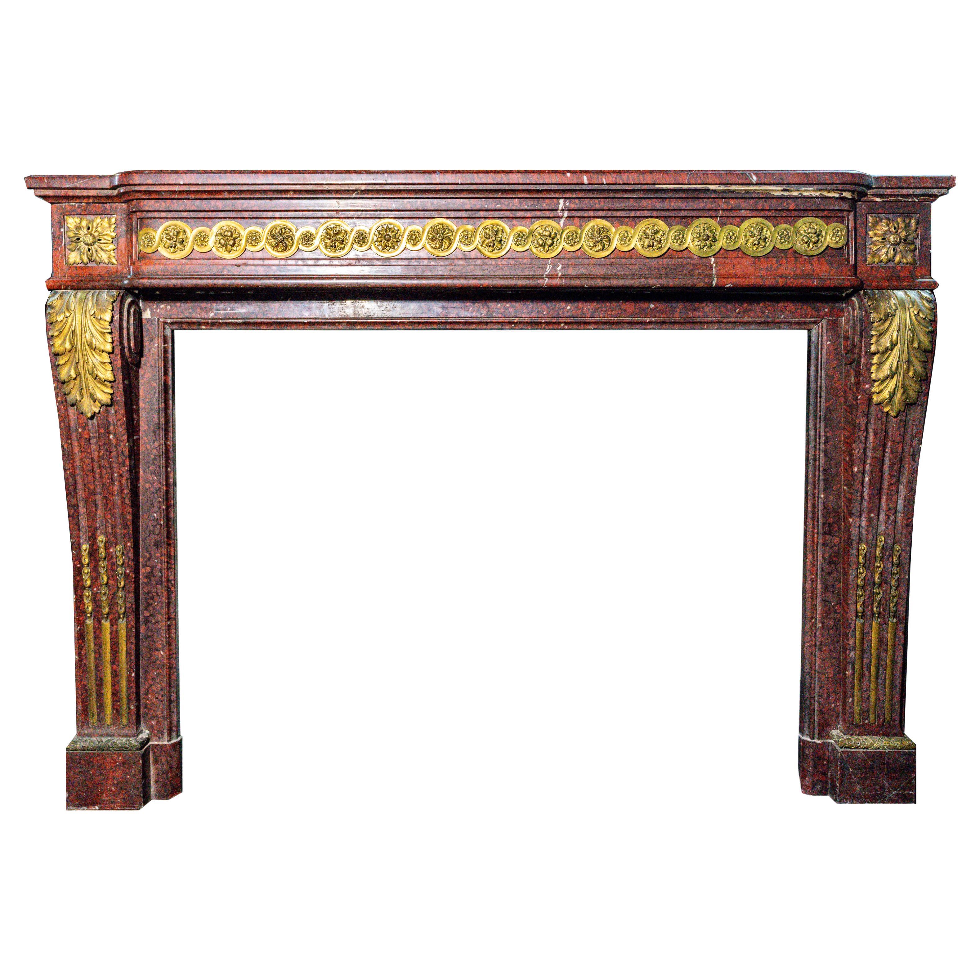 Antique Fireplace Louis XVI Rouge Marble Mantel With Ormolu