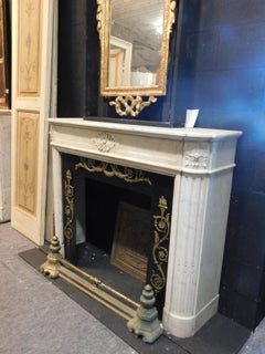 Antique Fireplace Louis XVI White Marble, Carved Flowers Side Moons, 1800 France