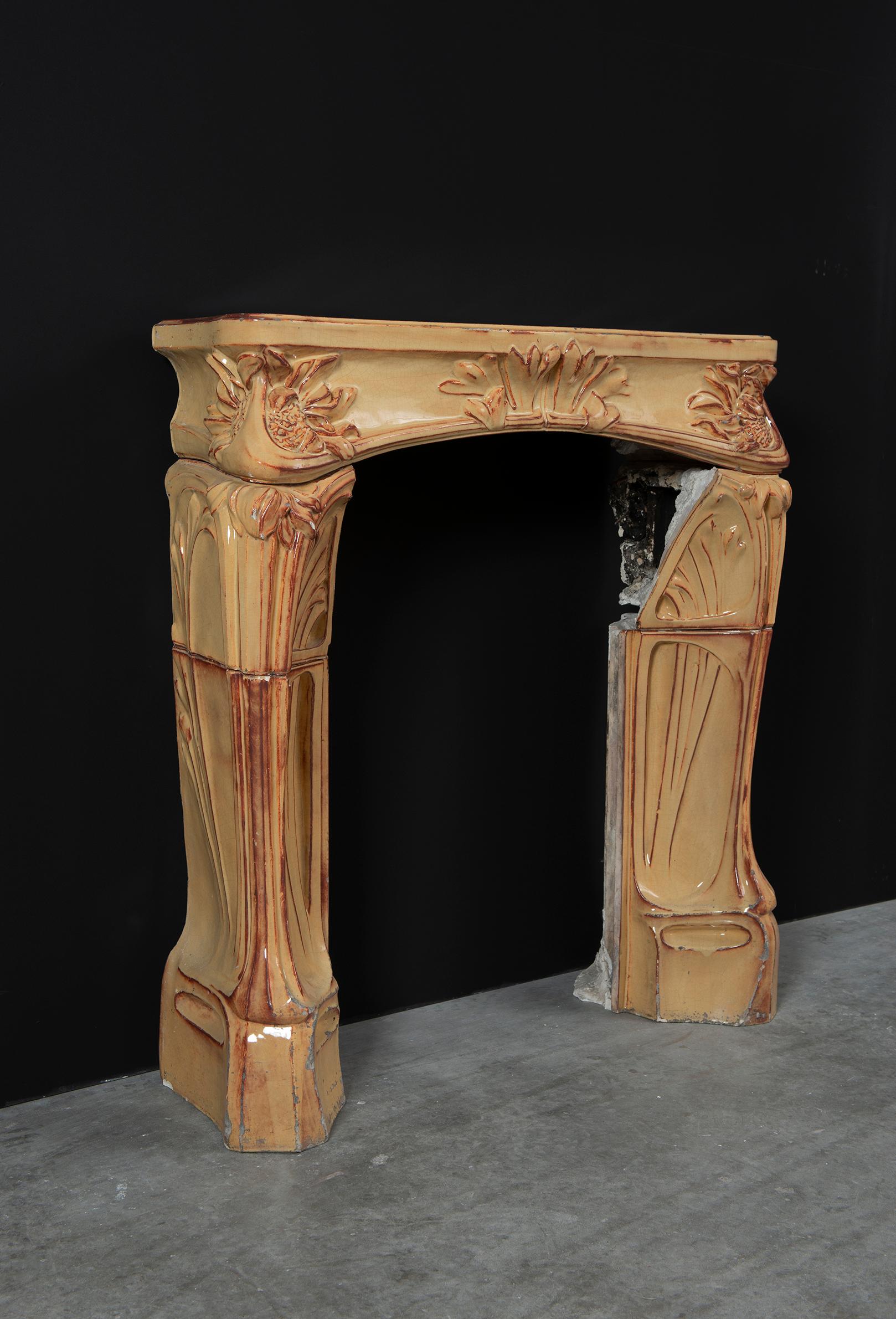 Cast Antique Fireplace Mantel en Faience by Louis Majorelle For Sale