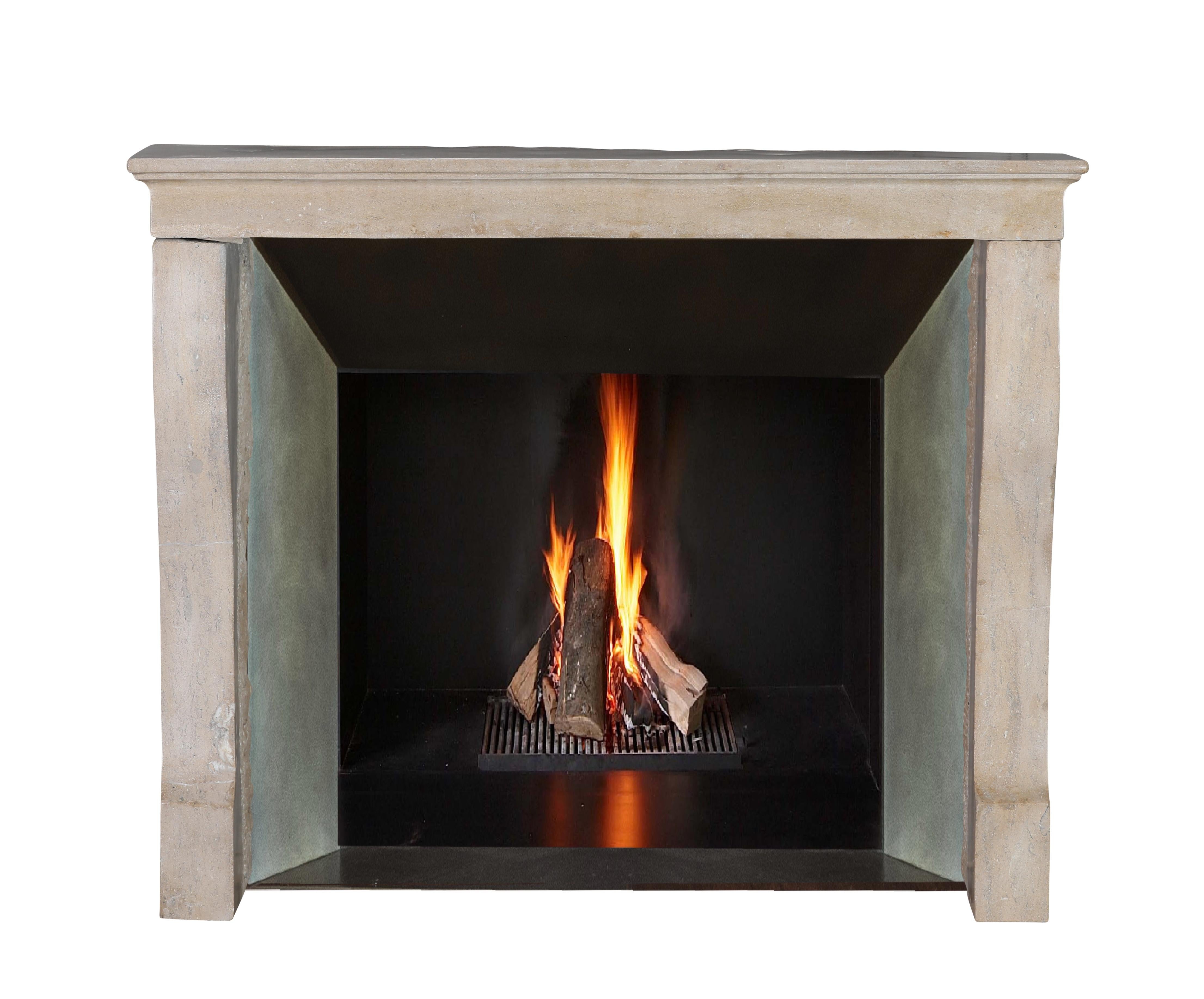 Hand-Carved Antique Fireplace Mantel From France In Stone For Timeless Design Project For Sale