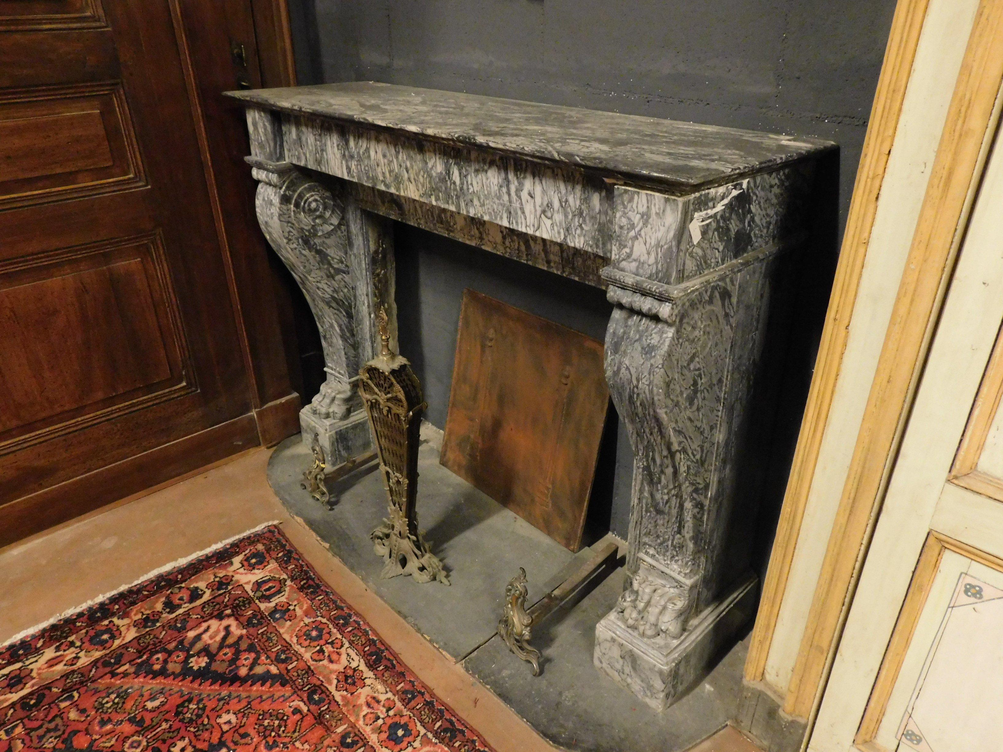 Italian Antique Fireplace Mantel Gray Marble Carved with Lion's Paws, Empire Style, 1800 For Sale