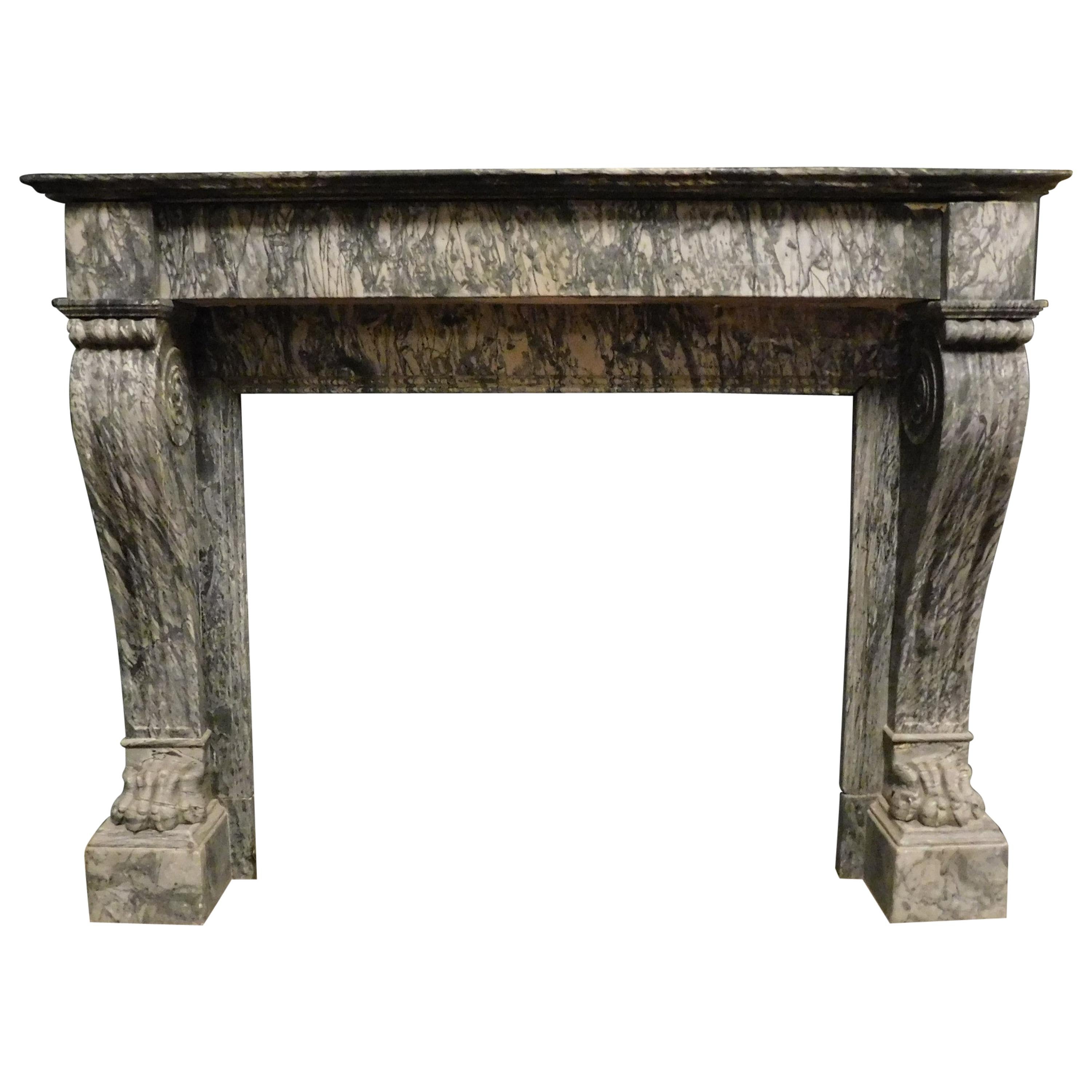 Antique Fireplace Mantel Gray Marble Carved with Lion's Paws, Empire Style, 1800 For Sale