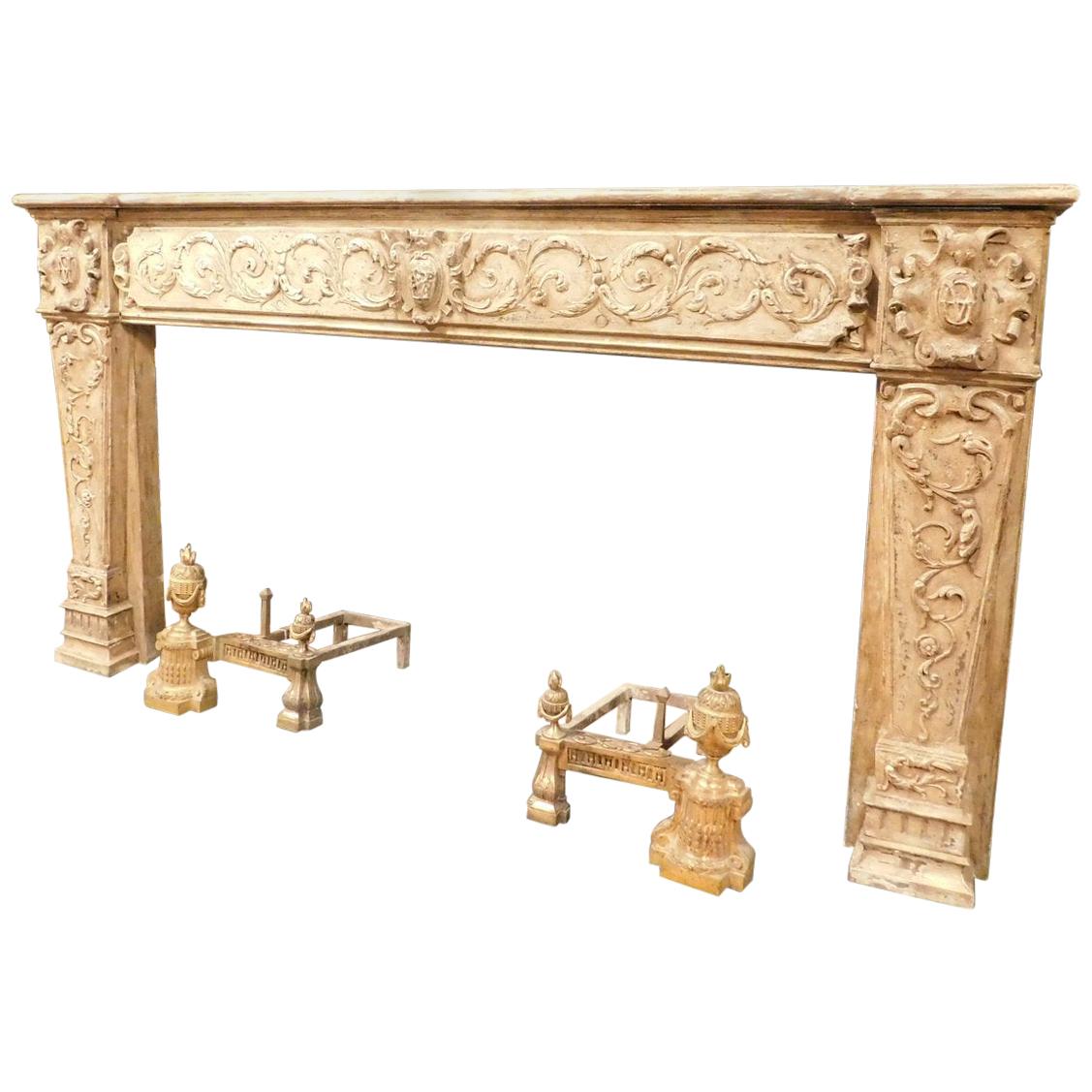 Antique Fireplace Mantel in Beige Lacquered and Carved Wood, 1700, Italy