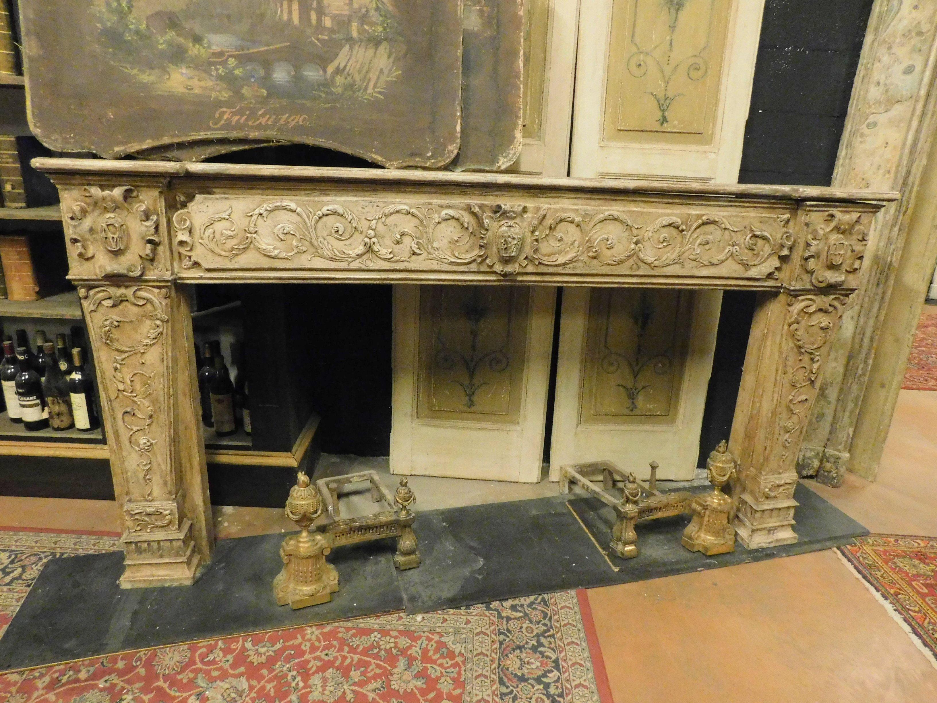 Italian Antique Fireplace Mantel in Beige Lacquered and Carved Wood, 1700, Italy