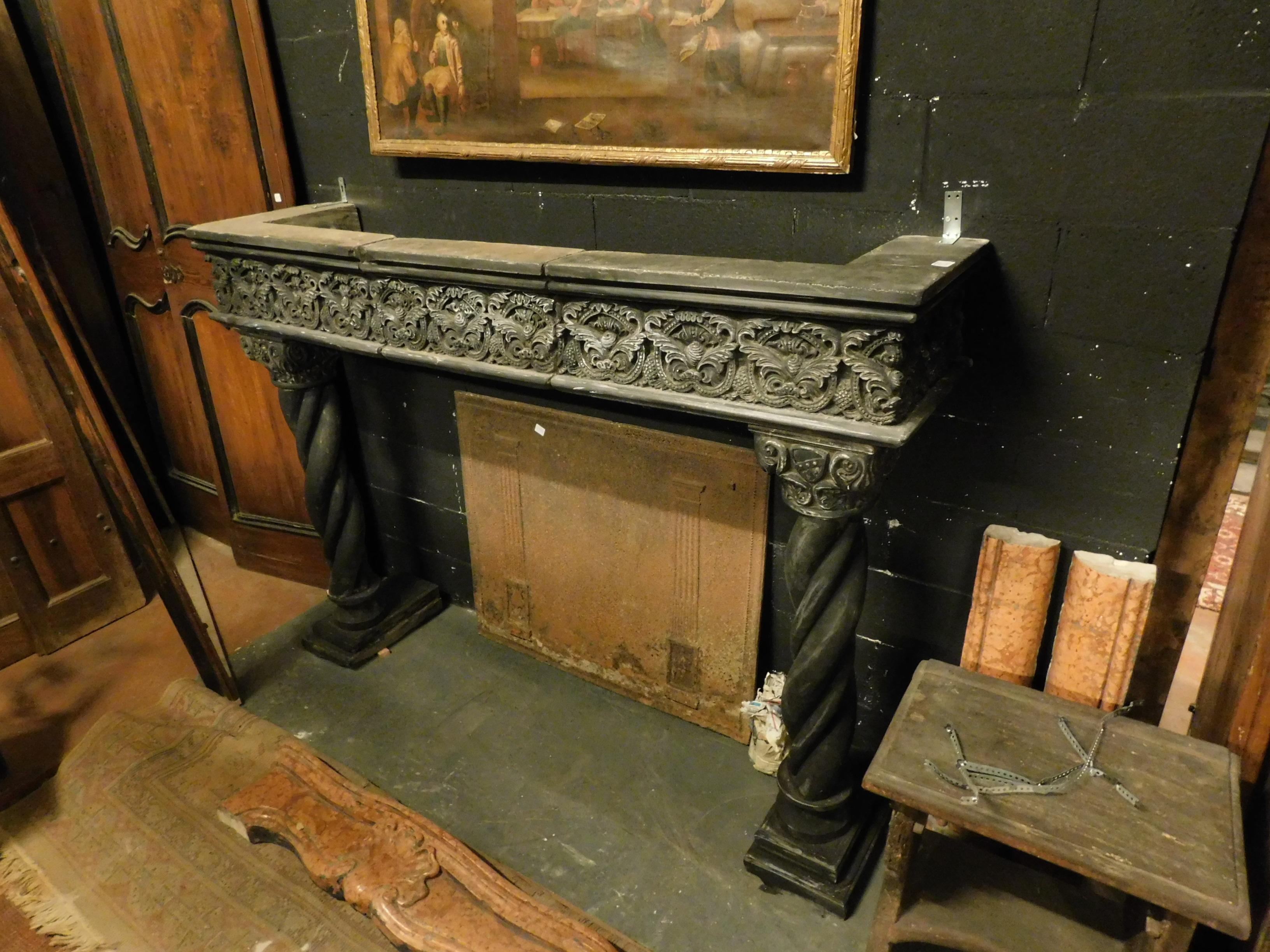 Antique Fireplace Mantel in Dark Slate Stone, Turned Columns, 16th Century Italy For Sale 2