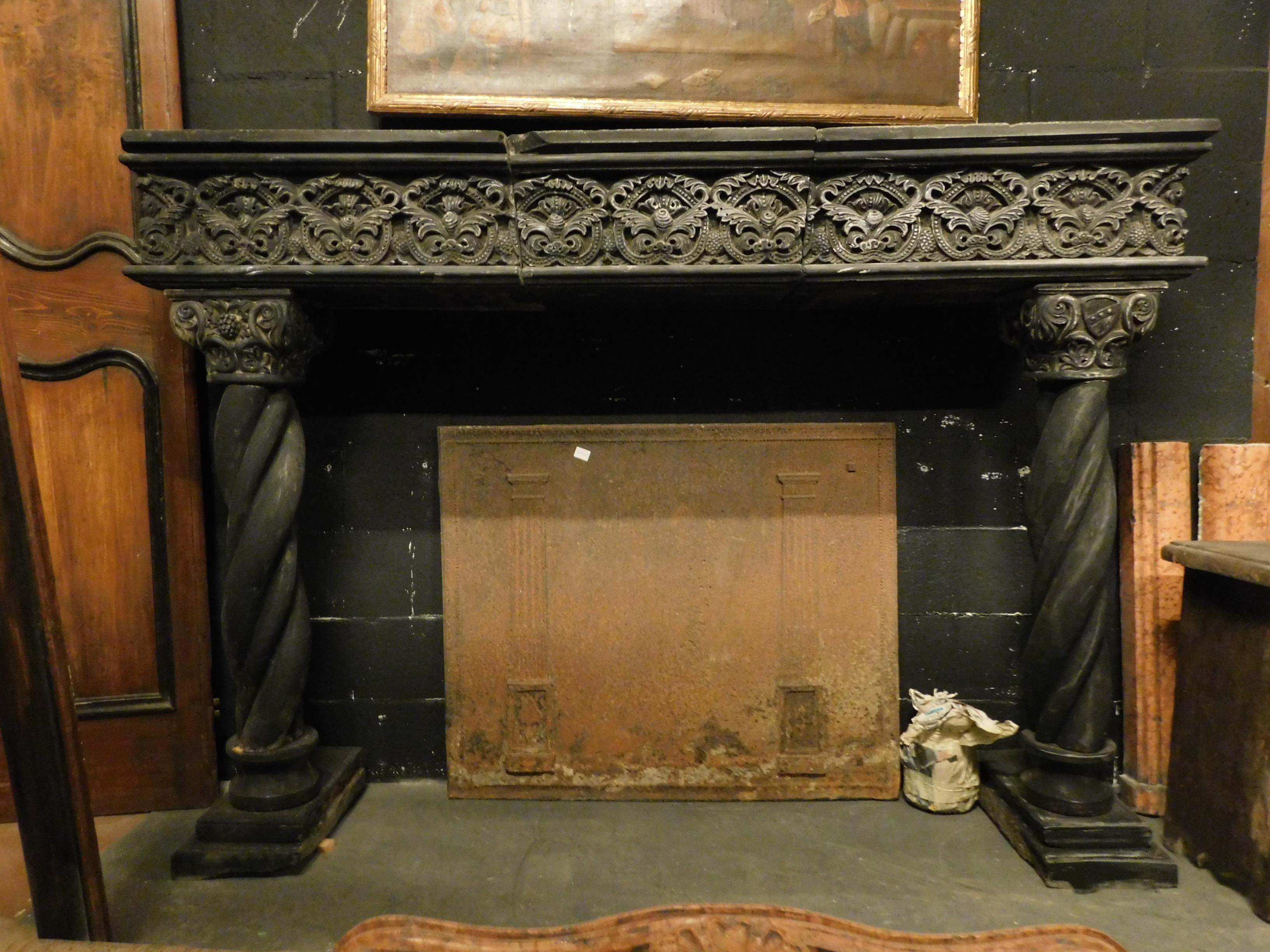 Italian Antique Fireplace Mantel in Dark Slate Stone, Turned Columns, 16th Century Italy For Sale