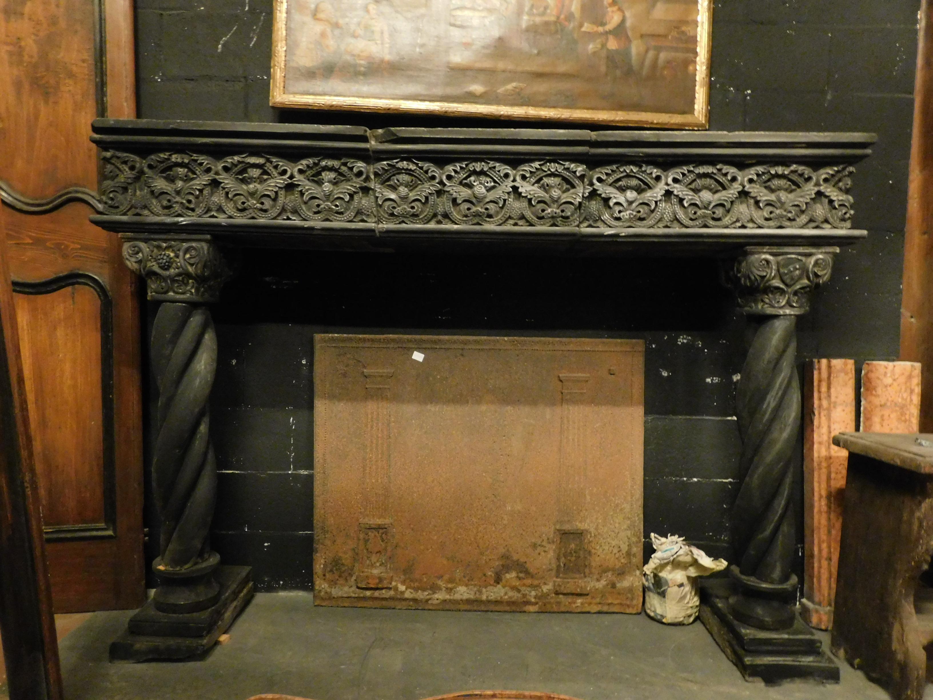 Hand-Carved Antique Fireplace Mantel in Dark Slate Stone, Turned Columns, 16th Century Italy For Sale