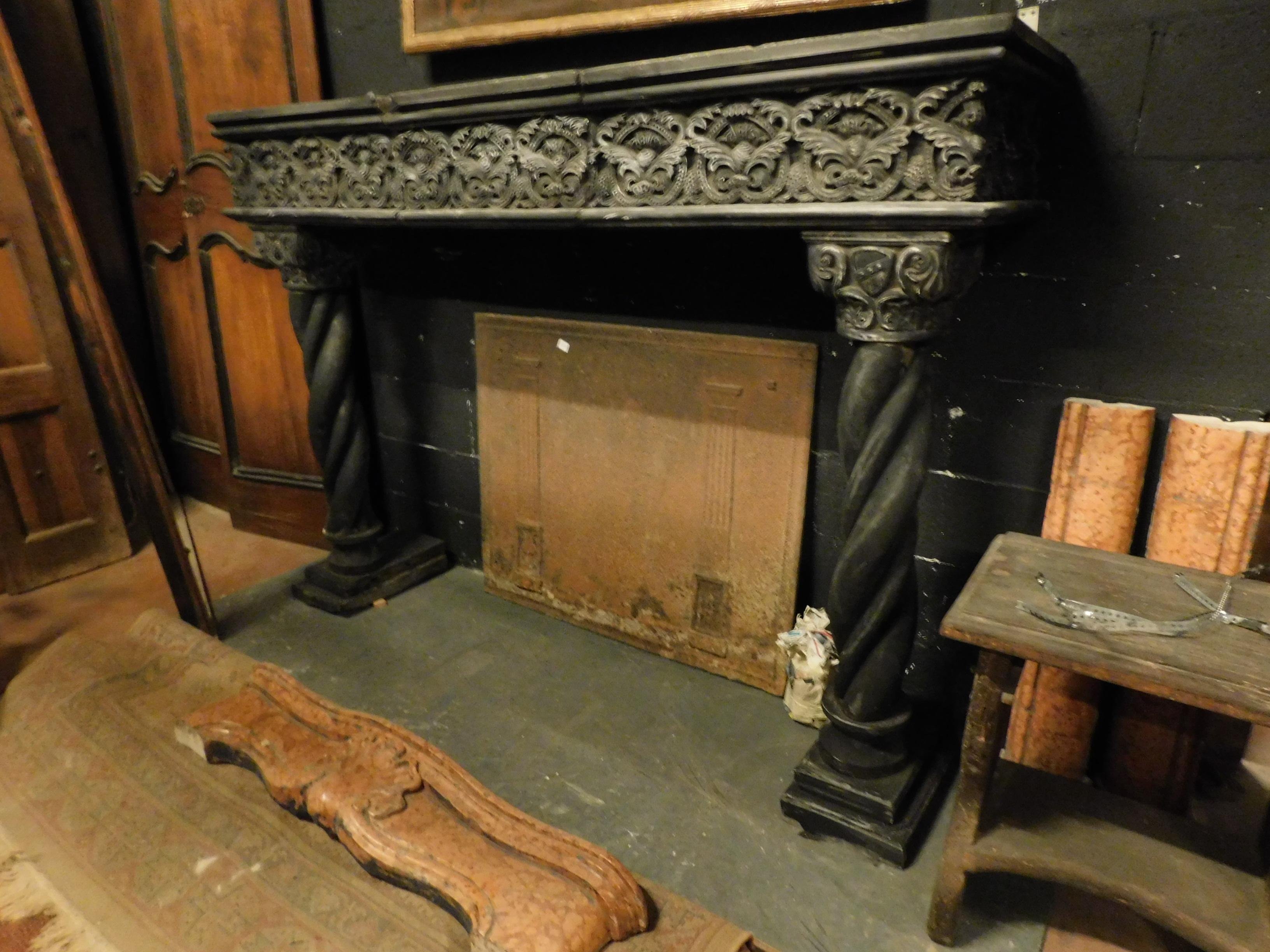 18th Century and Earlier Antique Fireplace Mantel in Dark Slate Stone, Turned Columns, 16th Century Italy