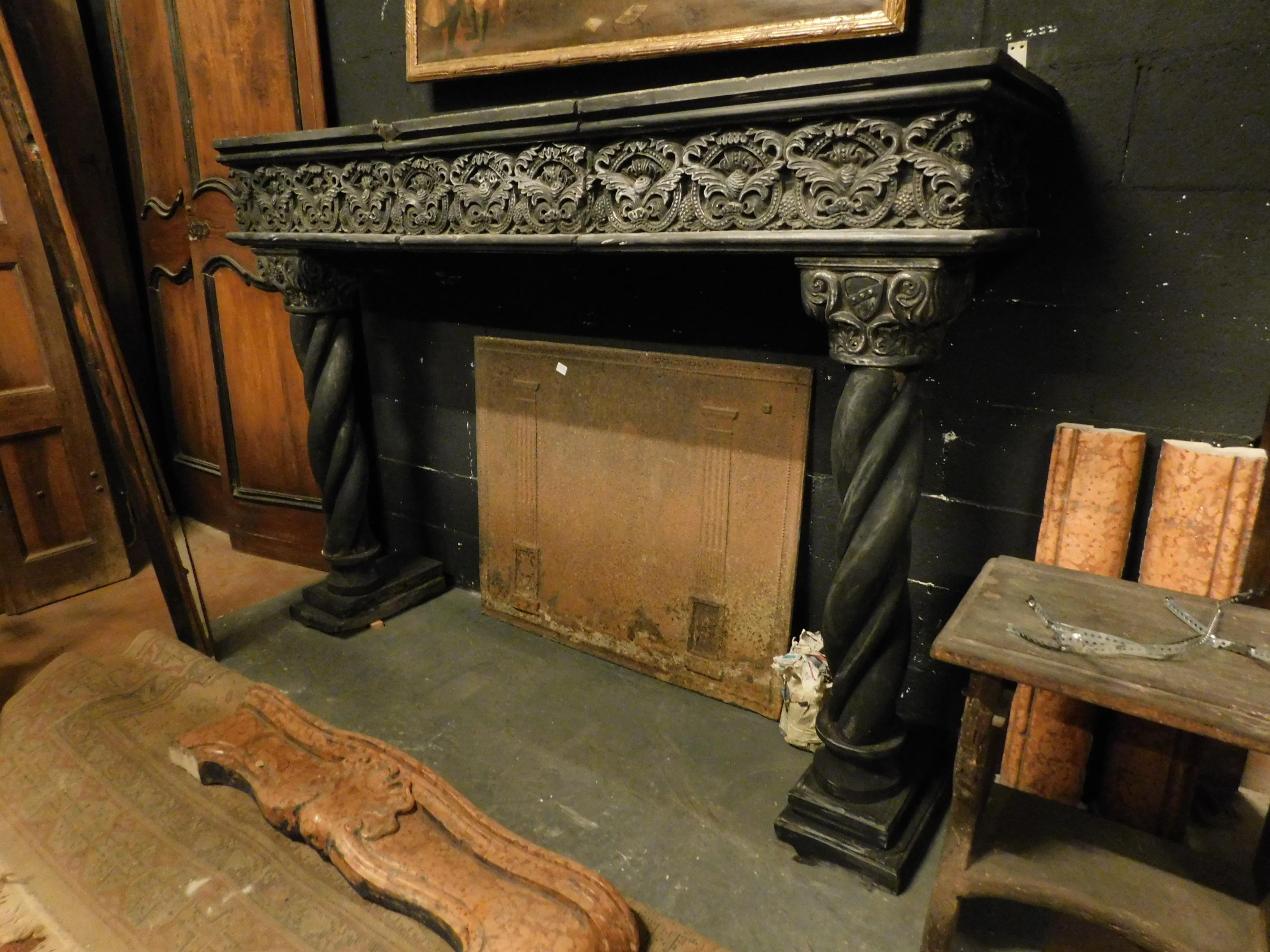 Antique Fireplace Mantel in Dark Slate Stone, Turned Columns, 16th Century Italy For Sale 1