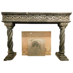 Antique Fireplace Mantel in Dark Slate Stone, Turned Columns, 16th Century Italy