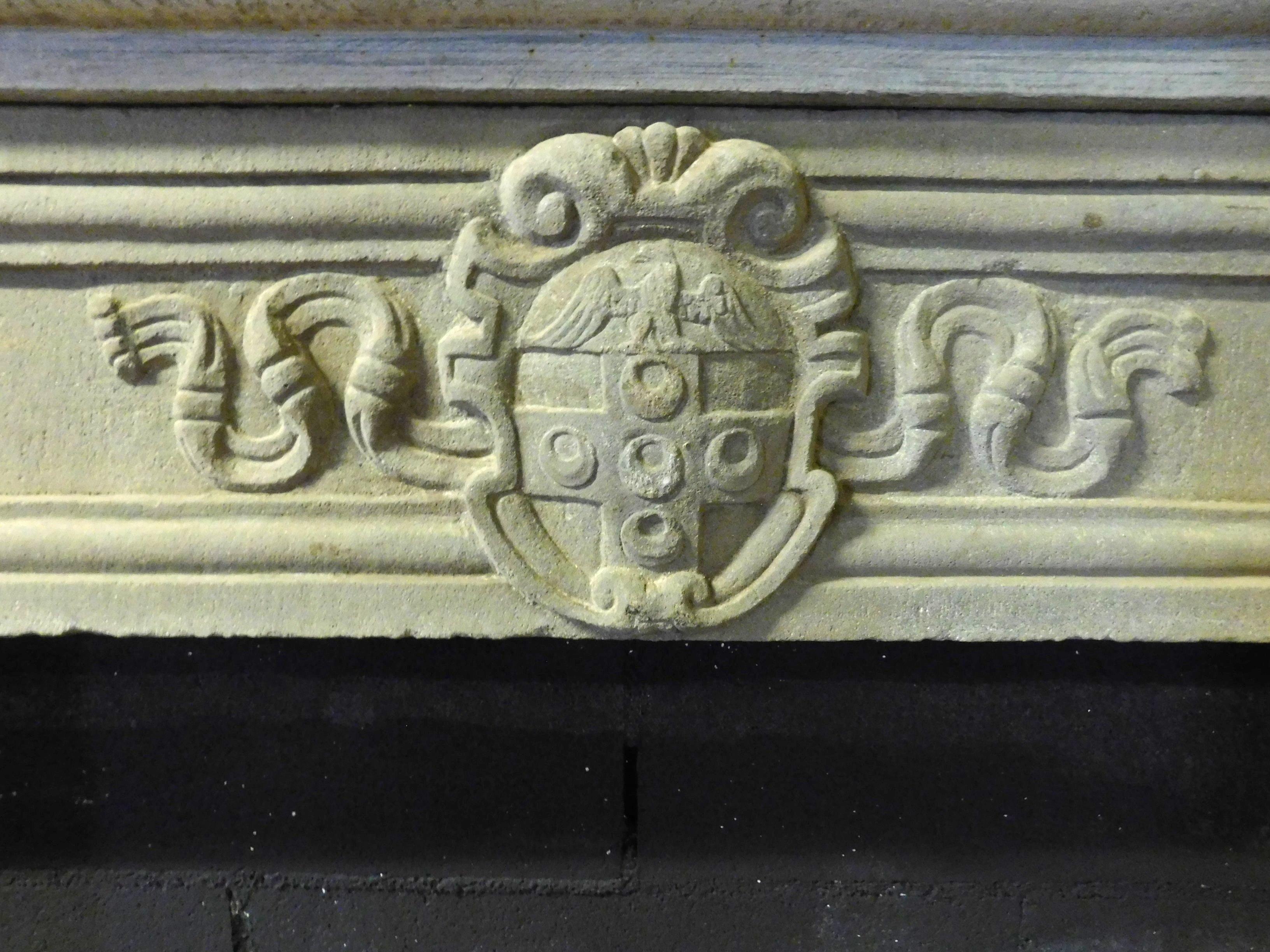 Hand-Carved Antique Fireplace Mantel in Gray Sandstone, Noble Coat of Arms, ep.1500 Florence