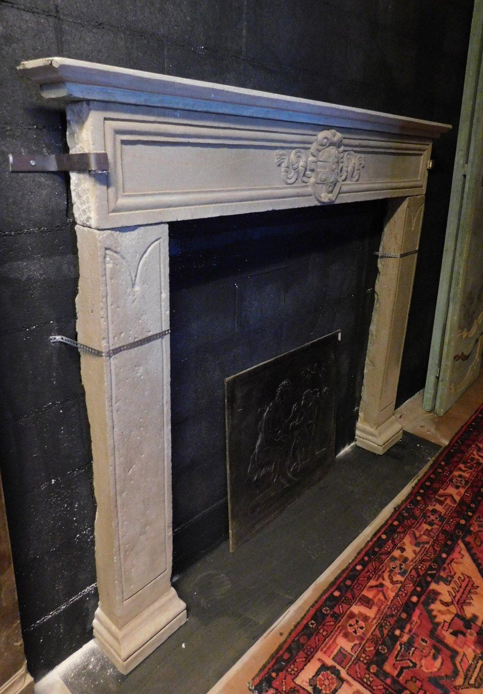 Stone Antique Fireplace Mantel in Gray Sandstone, Noble Coat of Arms, ep.1500 Florence