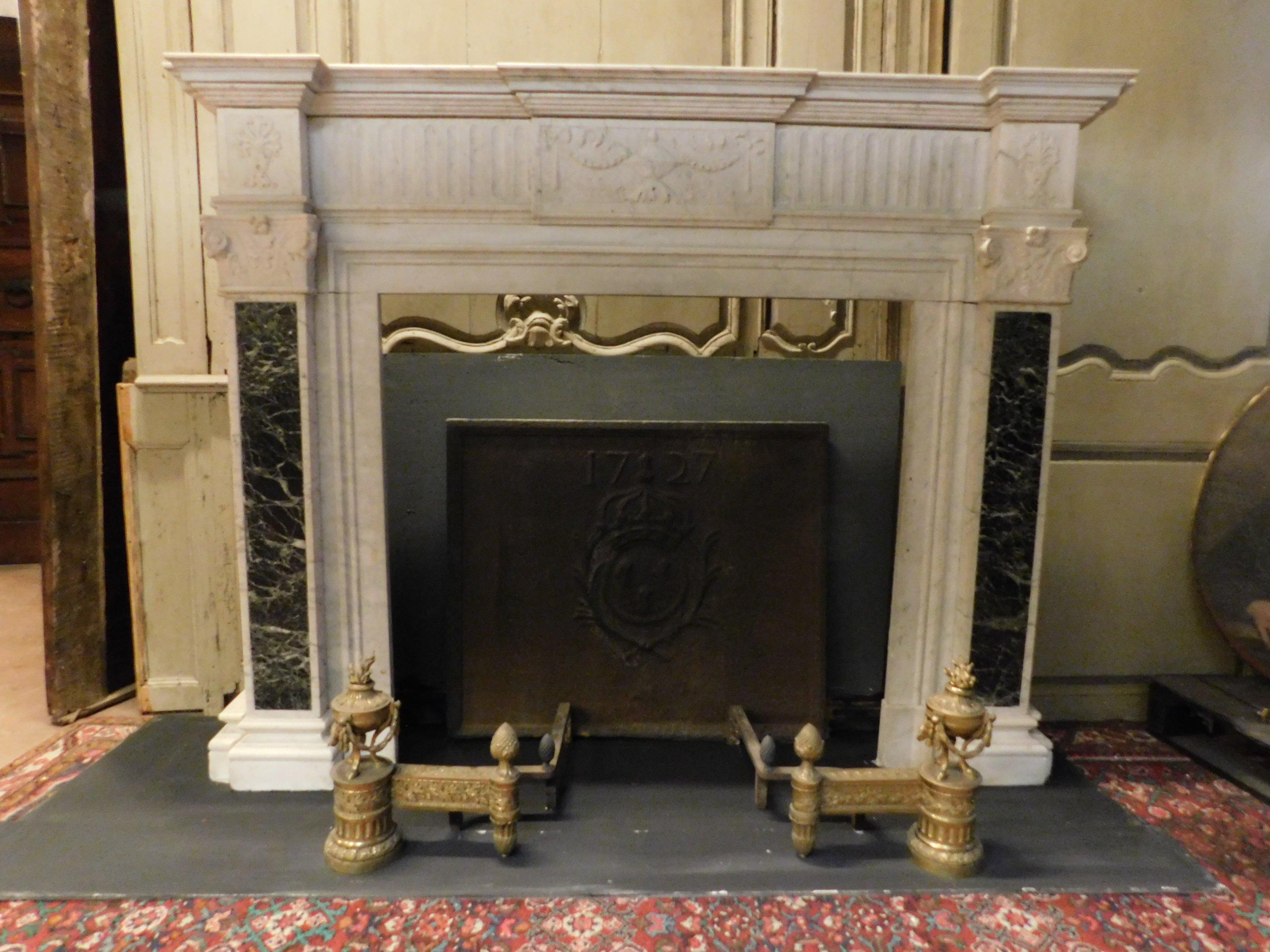 Italian Antique Fireplace Mantel in White Carrara Marble, Verde Alpi Marble Inlays, 1700