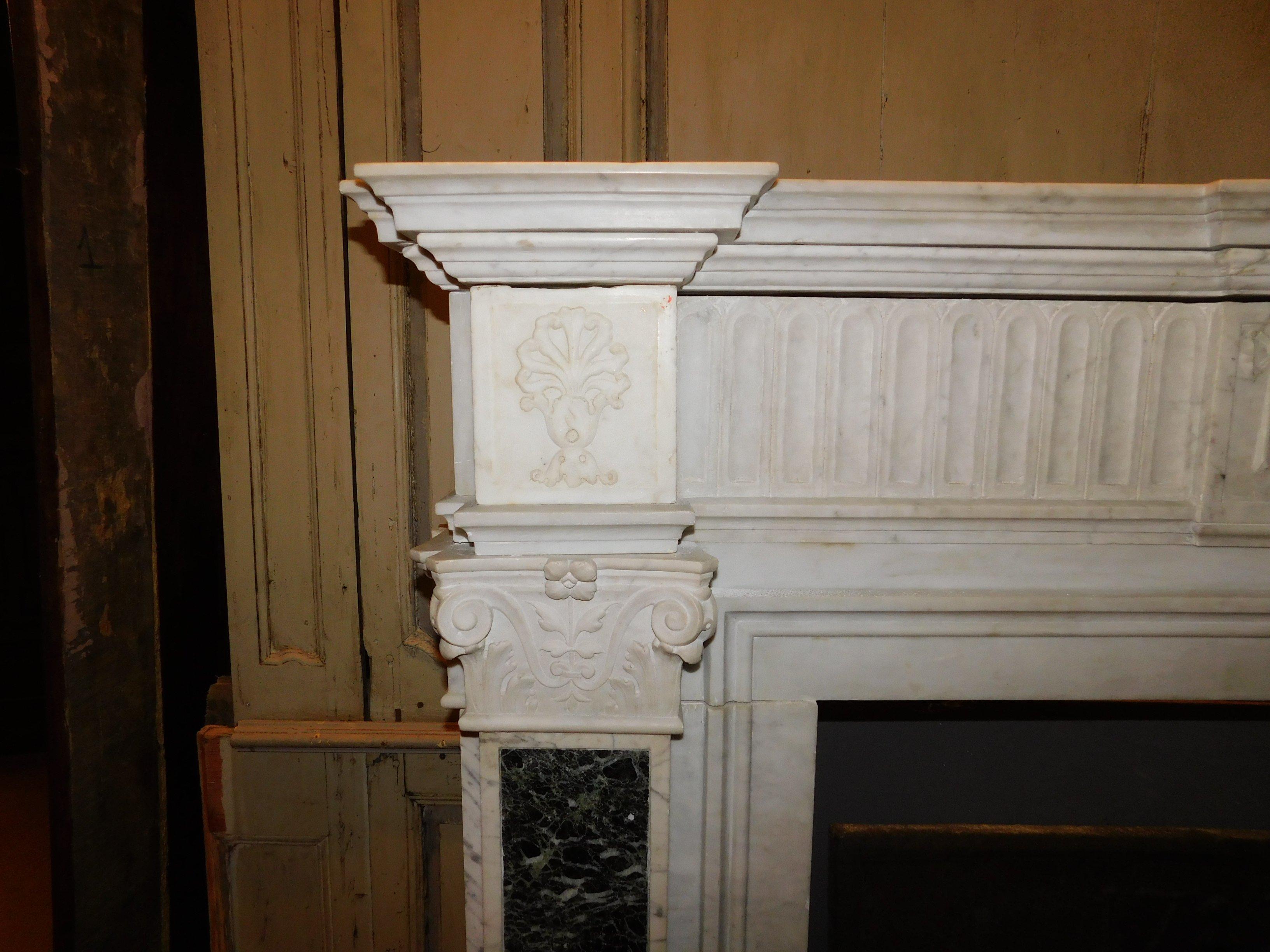 Mid-18th Century Antique Fireplace Mantel in White Carrara Marble, Verde Alpi Marble Inlays, 1700