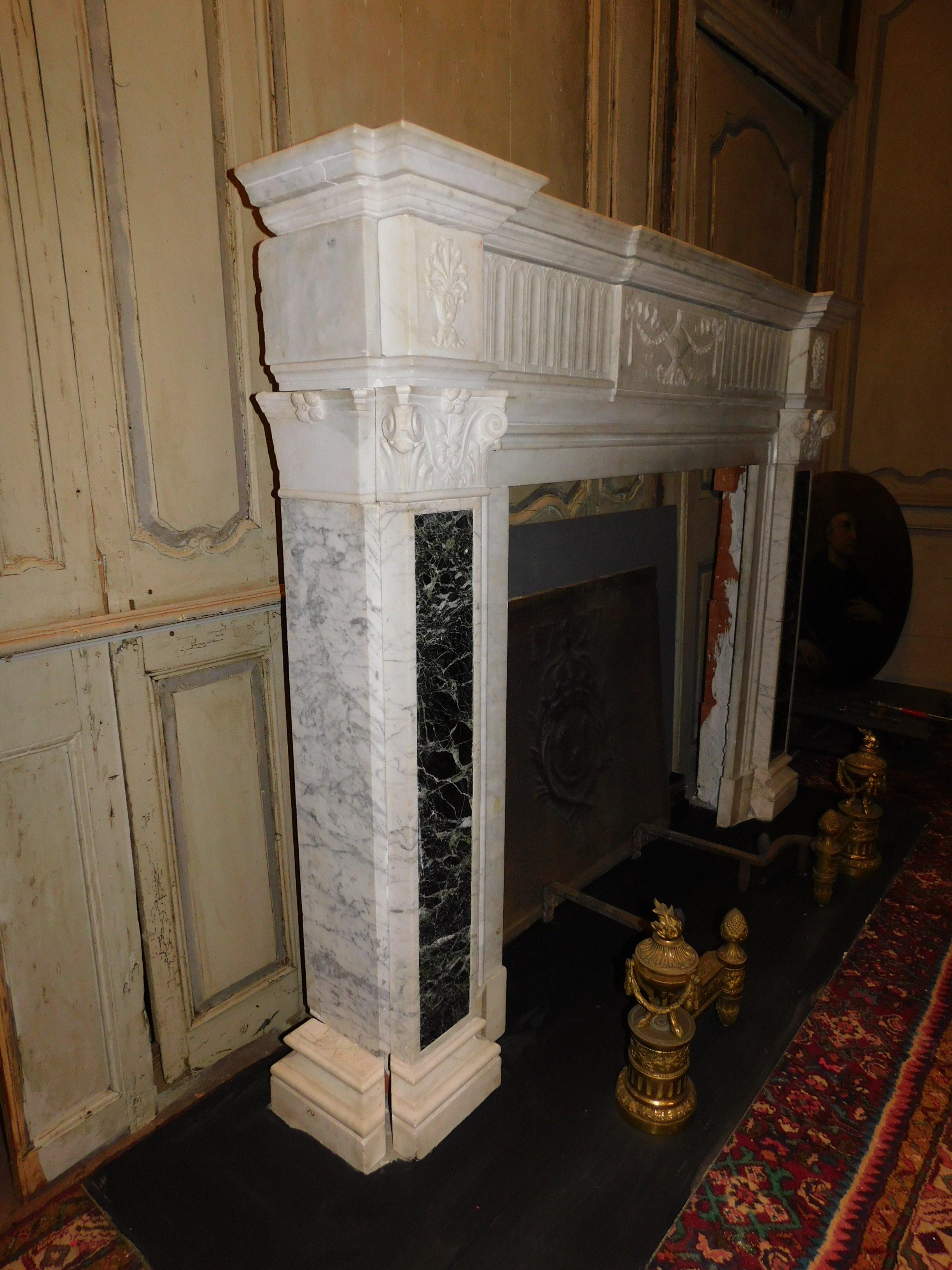 Antique Fireplace Mantel in White Carrara Marble, Verde Alpi Marble Inlays, 1700 1