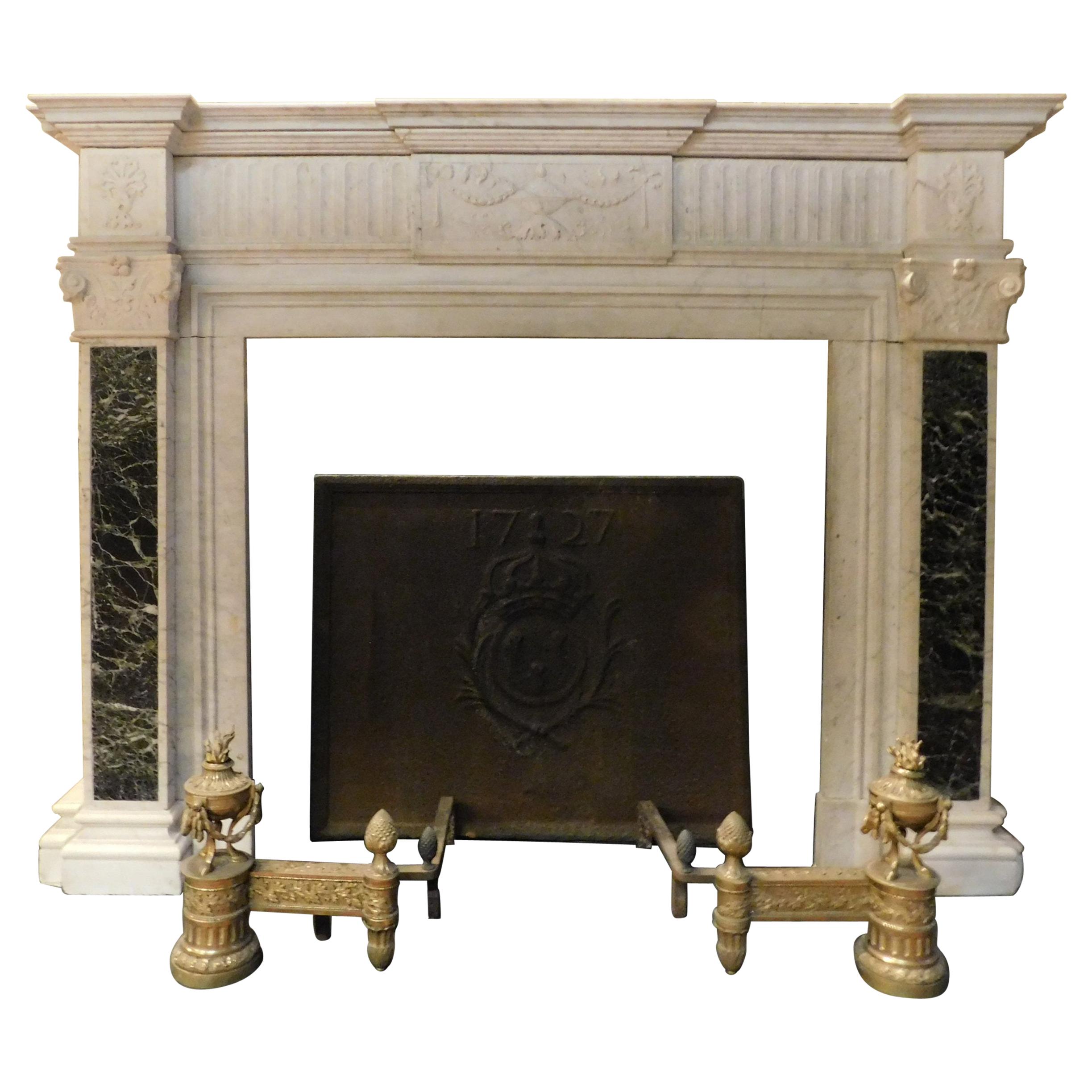 Antique Fireplace Mantel in White Carrara Marble, Verde Alpi Marble Inlays, 1700