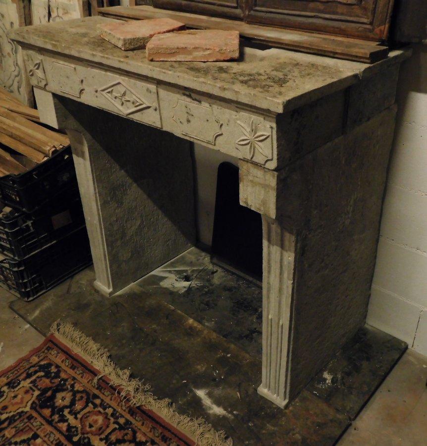 European Antique Fireplace Mantel, grey stone, decorations, '700 France For Sale