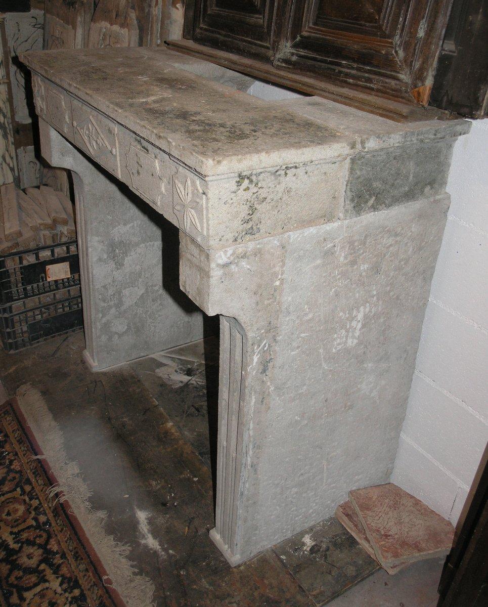 Hand-Carved Antique Fireplace Mantel, grey stone, decorations, '700 France For Sale