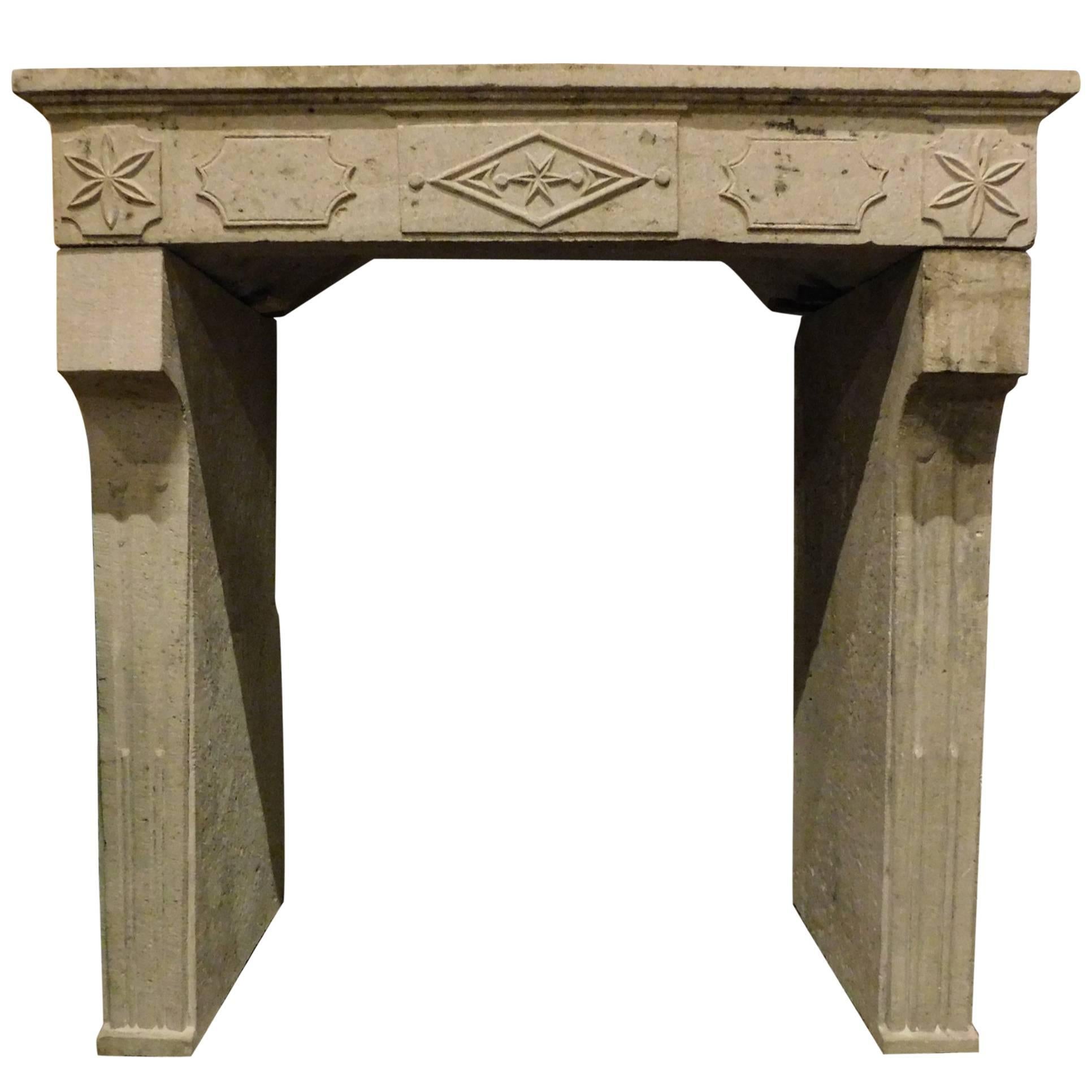 Antique Fireplace Mantel, grey stone, decorations, '700 France For Sale