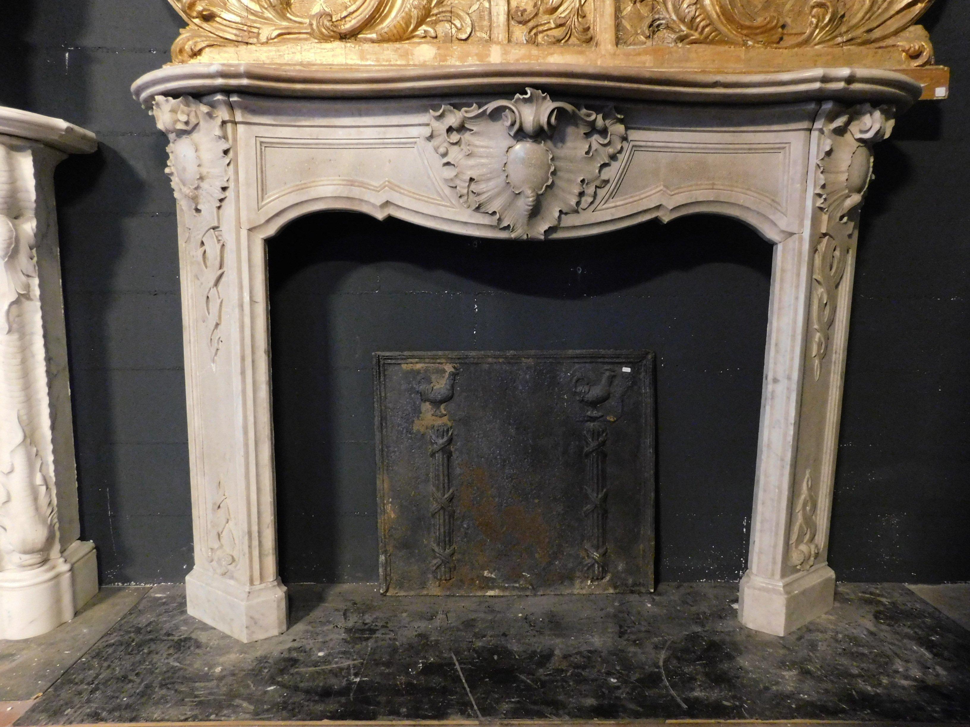 Italian Antique Fireplace Mantel Richly Carved Grey Marble, Luxury Flora, 1800, Italy