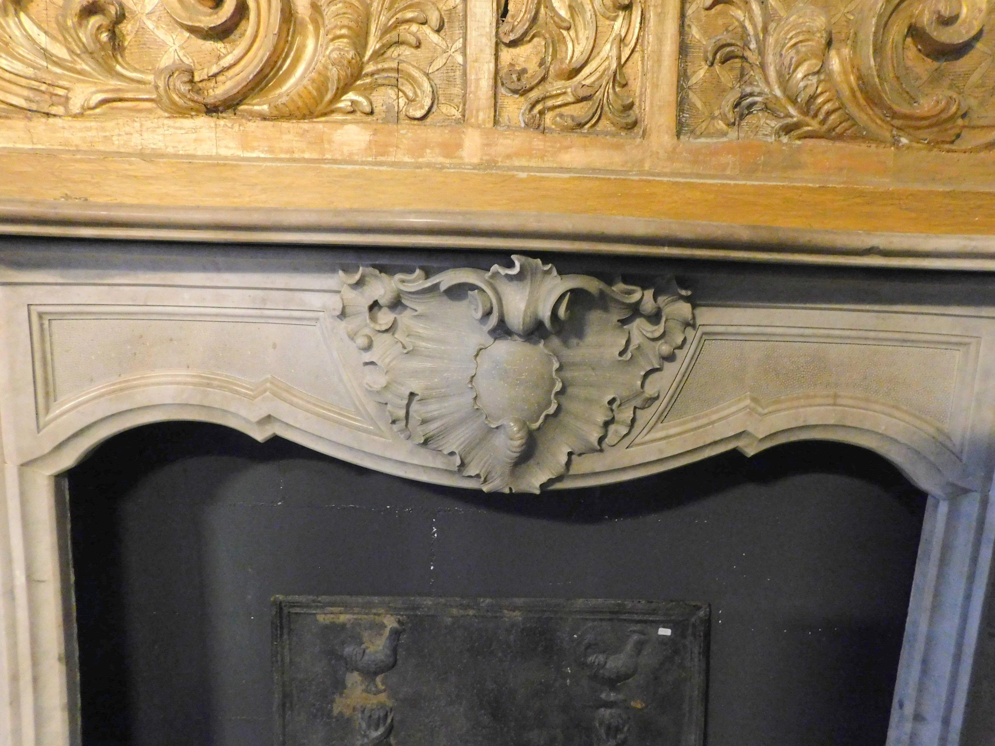 Hand-Carved Antique Fireplace Mantel Richly Carved Grey Marble, Luxury Flora, 1800, Italy