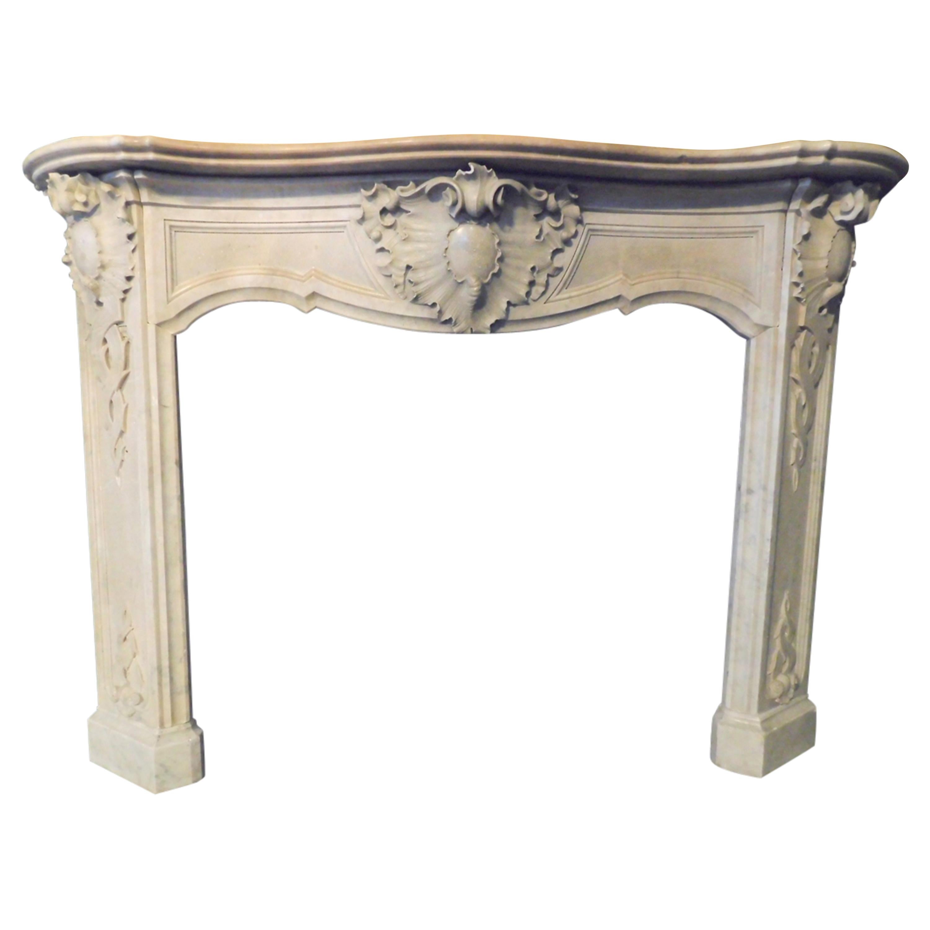 Antique Fireplace Mantel Richly Carved Grey Marble, Luxury Flora, 1800, Italy