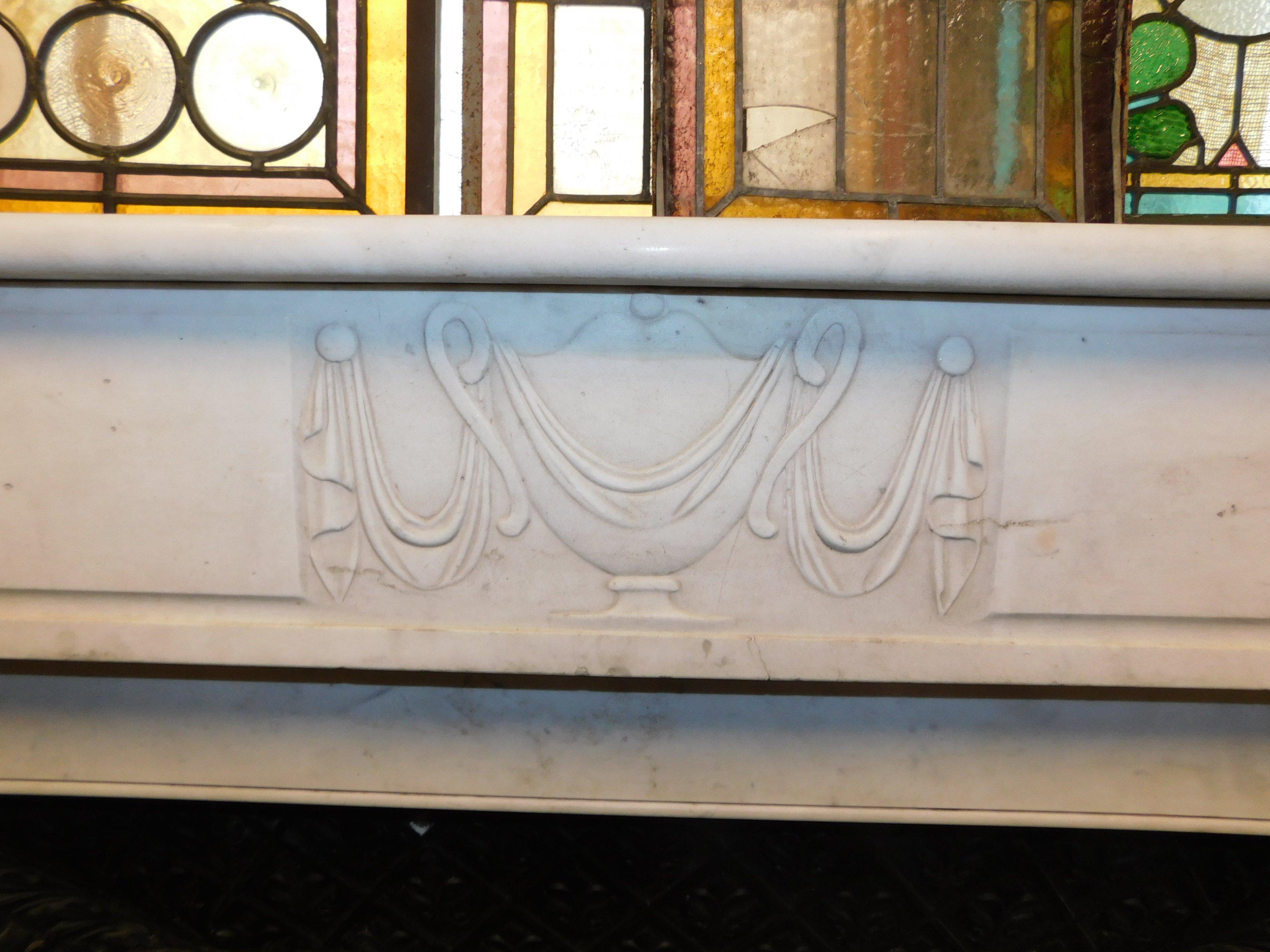 Antique Fireplace Mantel White Marble Carved Central Cup Louis XVI, France, 1700 3