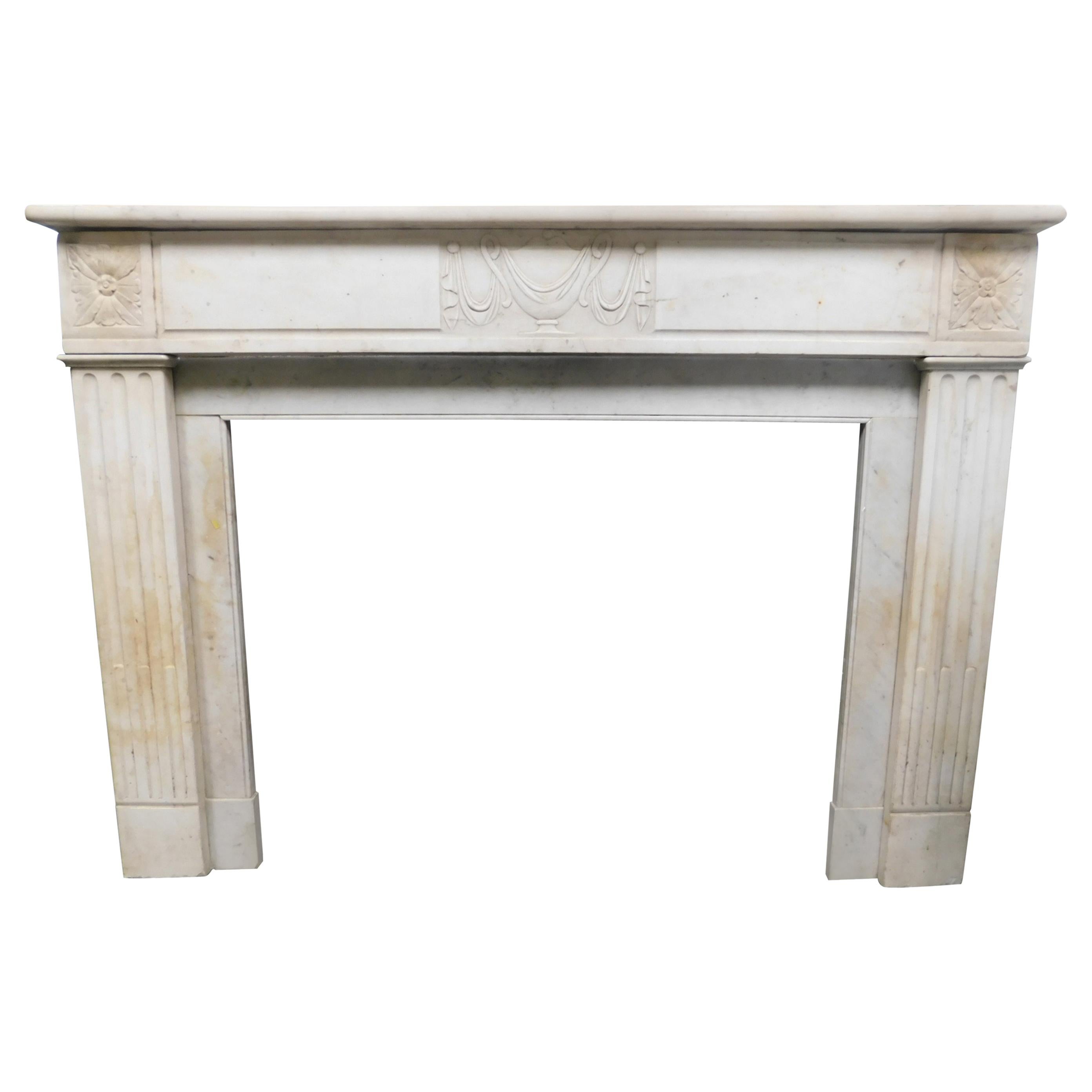 Antique Fireplace Mantel White Marble Carved Central Cup Louis XVI, France, 1700