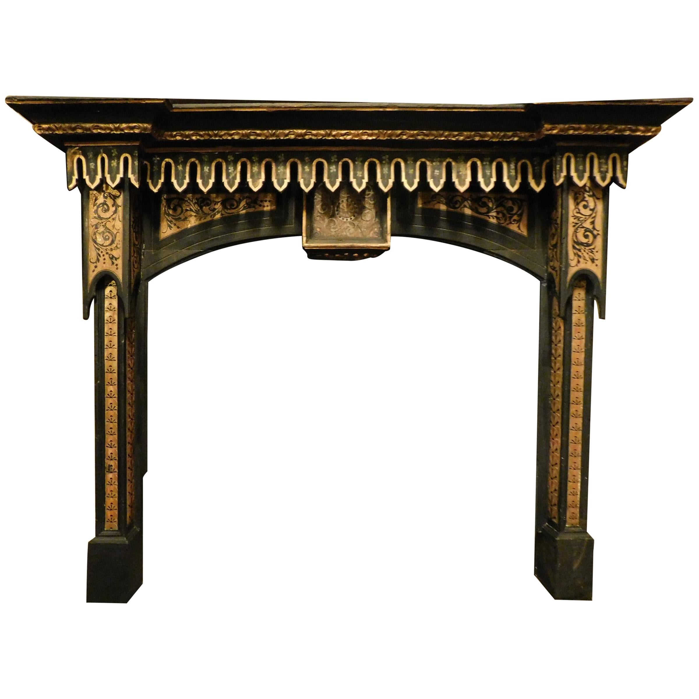 Antique Fireplace Mantle Black and Gold Lacquered Wood, Neo-Gothic, 1800, Italy