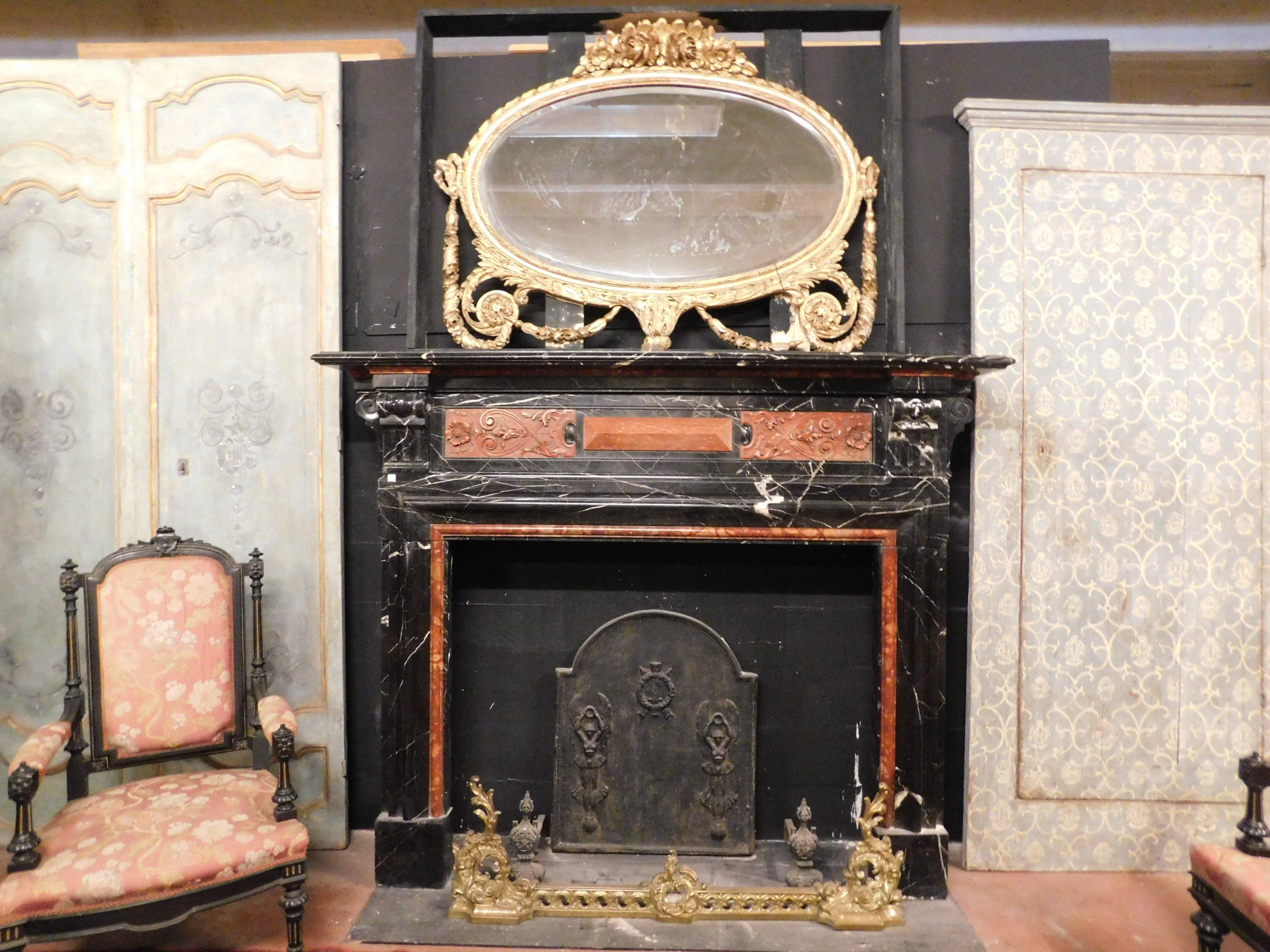 Belgian Antique Fireplace Mantle Black and Red Marble Inlaid, 19th Century from Belgium For Sale