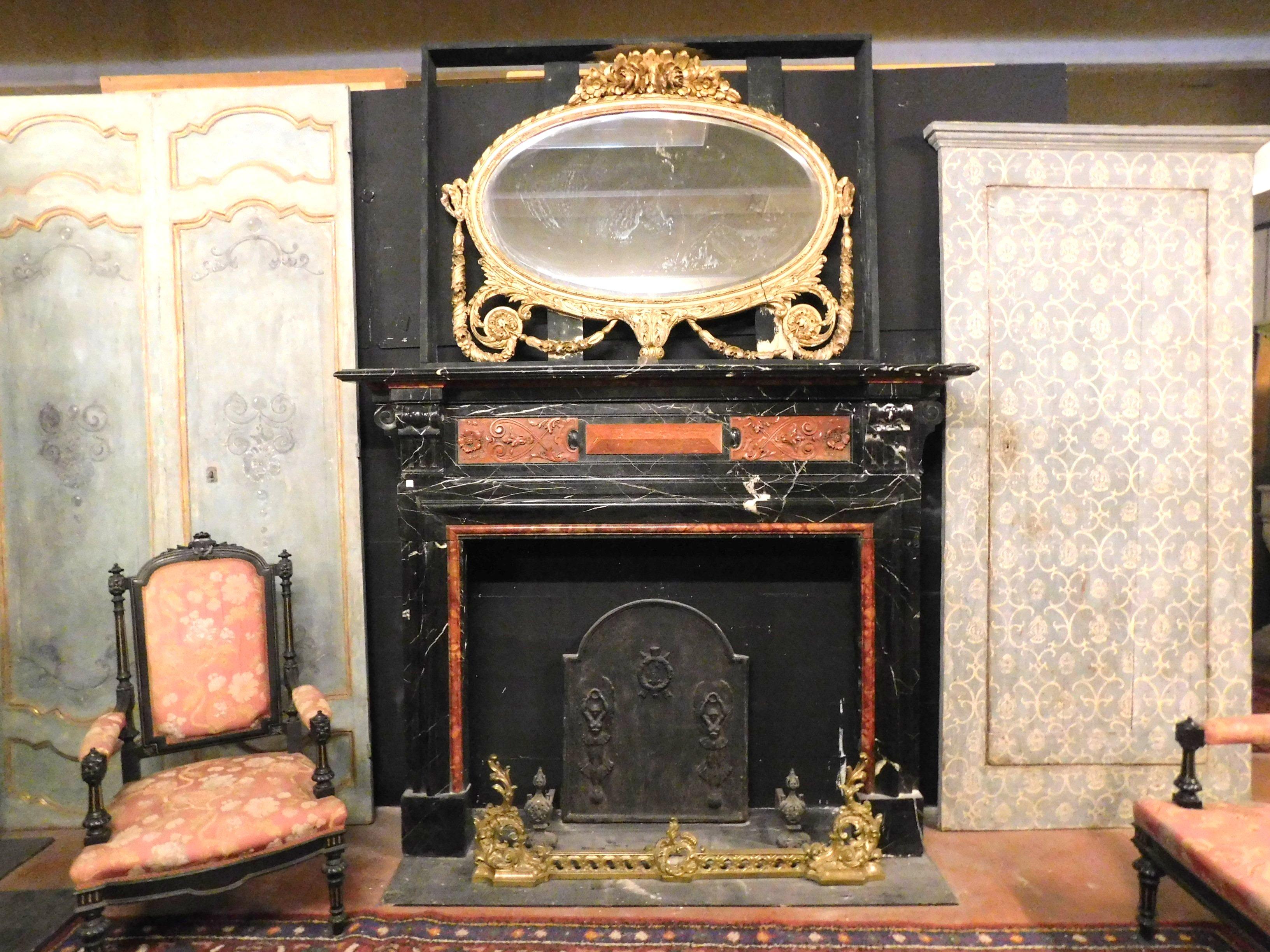 Hand-Carved Antique Fireplace Mantle Black and Red Marble Inlaid, 19th Century from Belgium For Sale