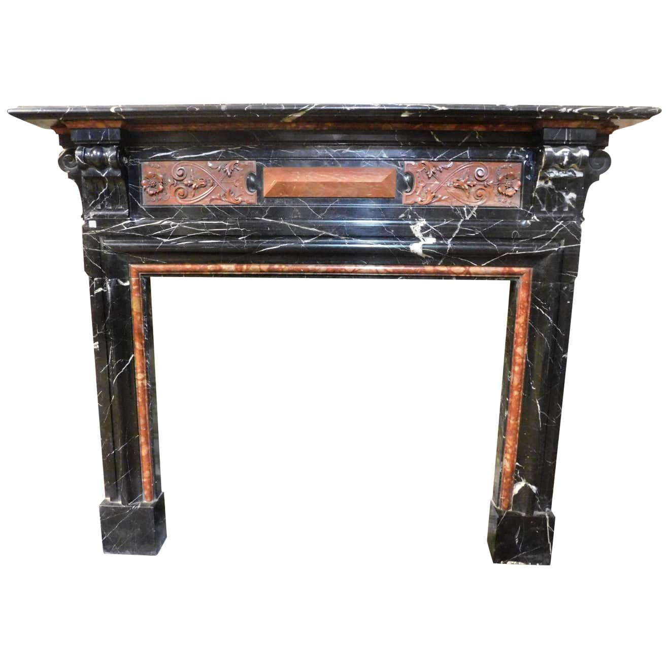 Antique Fireplace Mantle Black and Red Marble Inlaid, 19th Century from Belgium For Sale