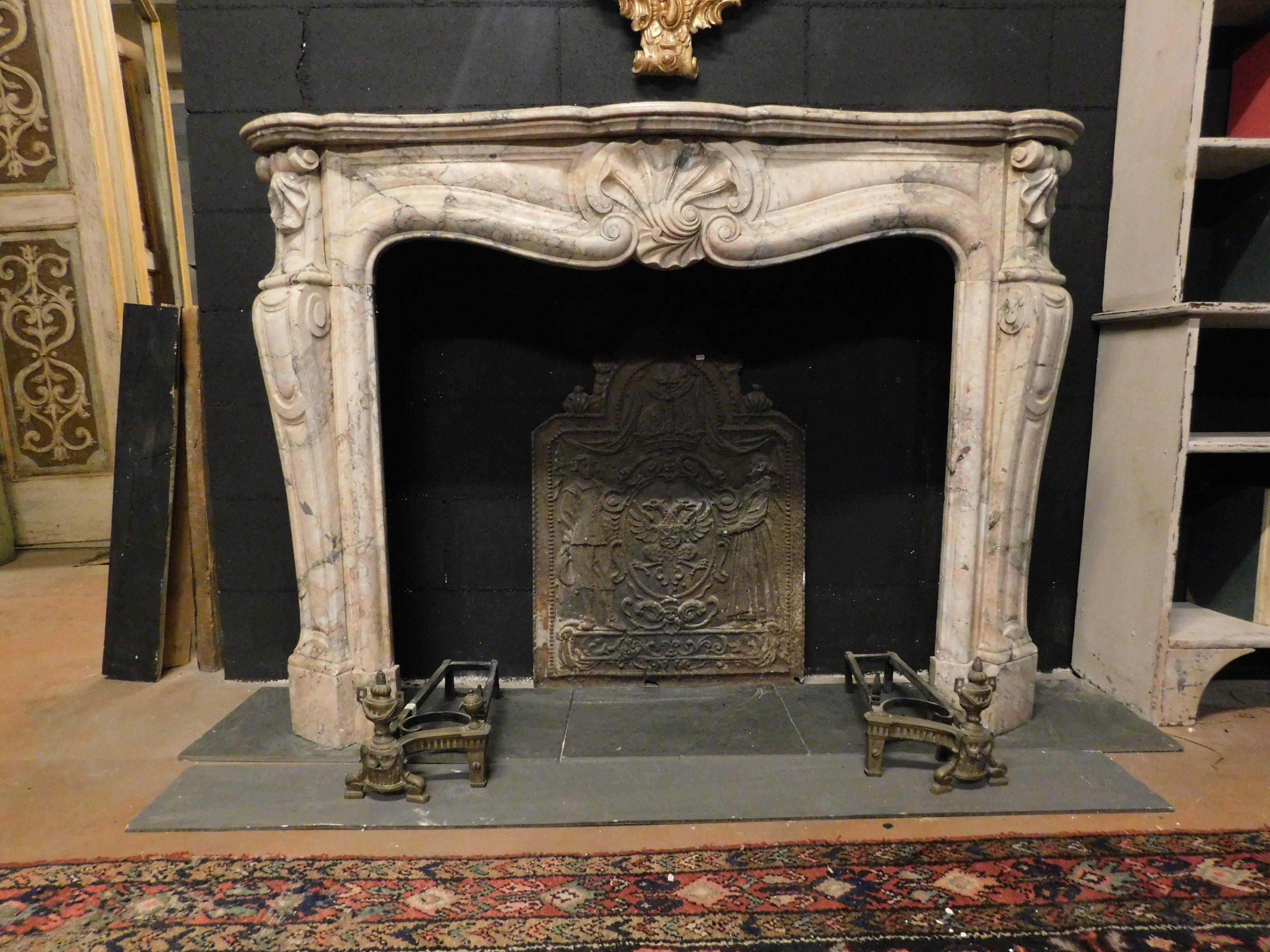 Hand-Carved Antique Fireplace Mantle Carved in Pink Marble, Central Shell, 18th Century France