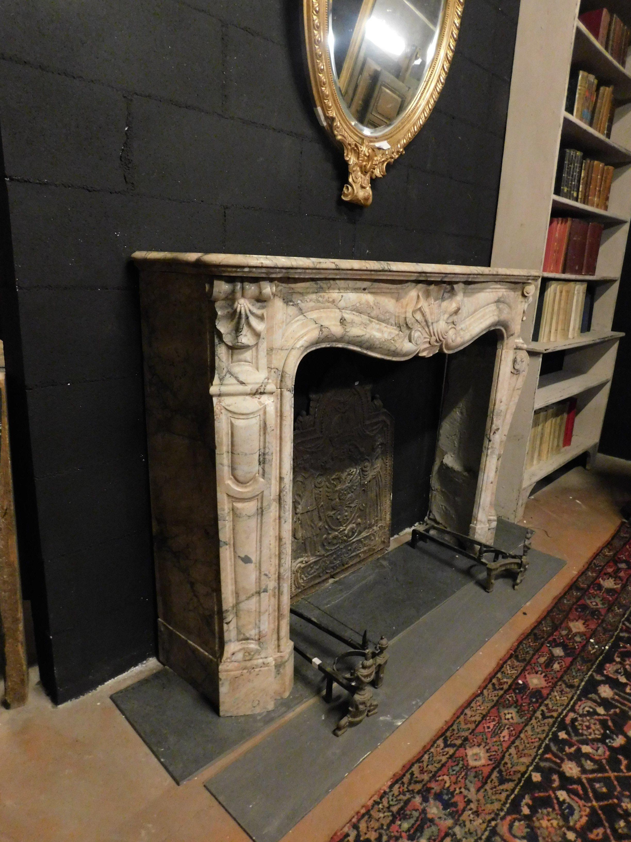 18th Century and Earlier Antique Fireplace Mantle Carved in Pink Marble, Central Shell, 18th Century France