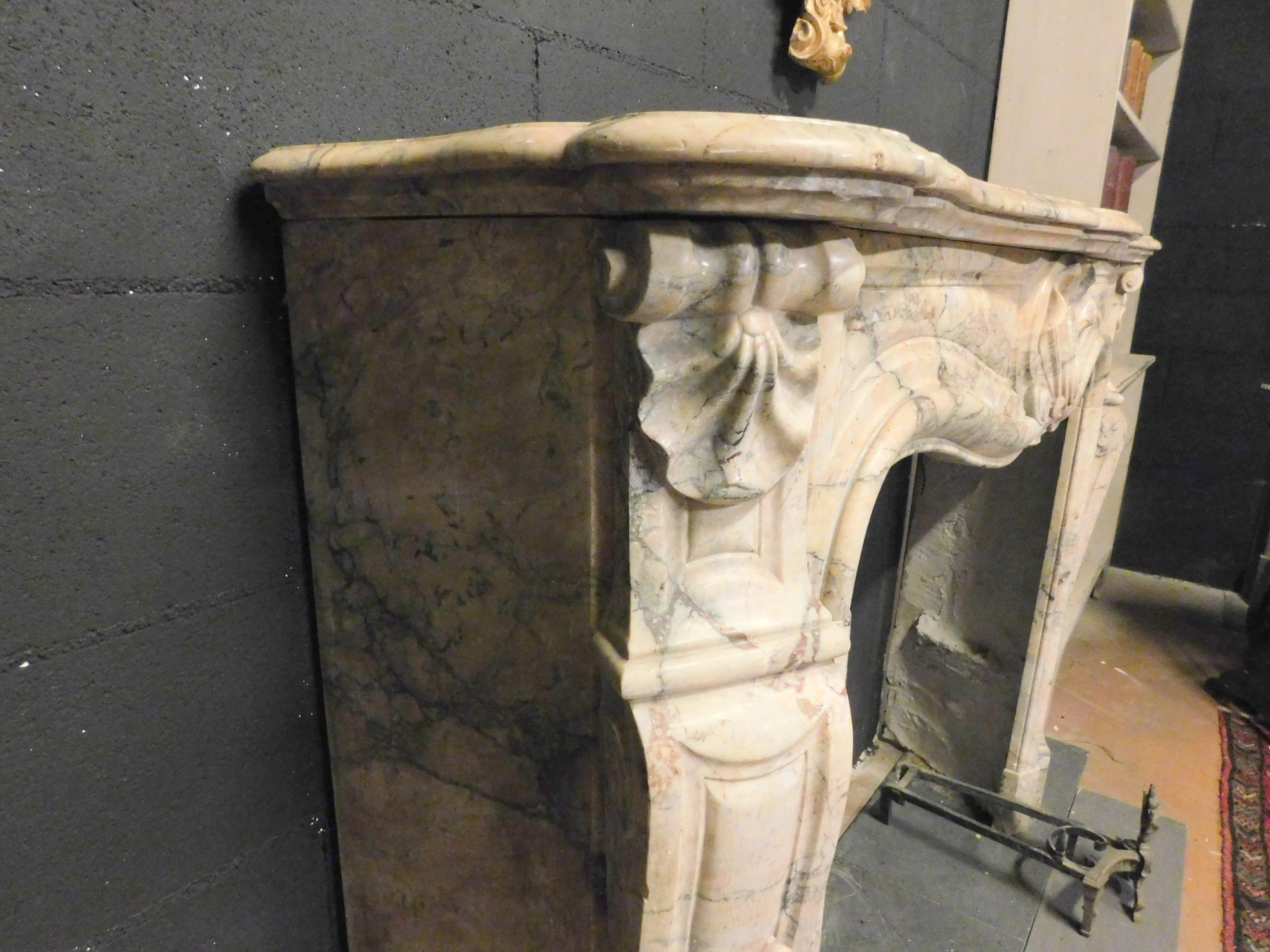 Antique Fireplace Mantle Carved in Pink Marble, Central Shell, 18th Century France 1