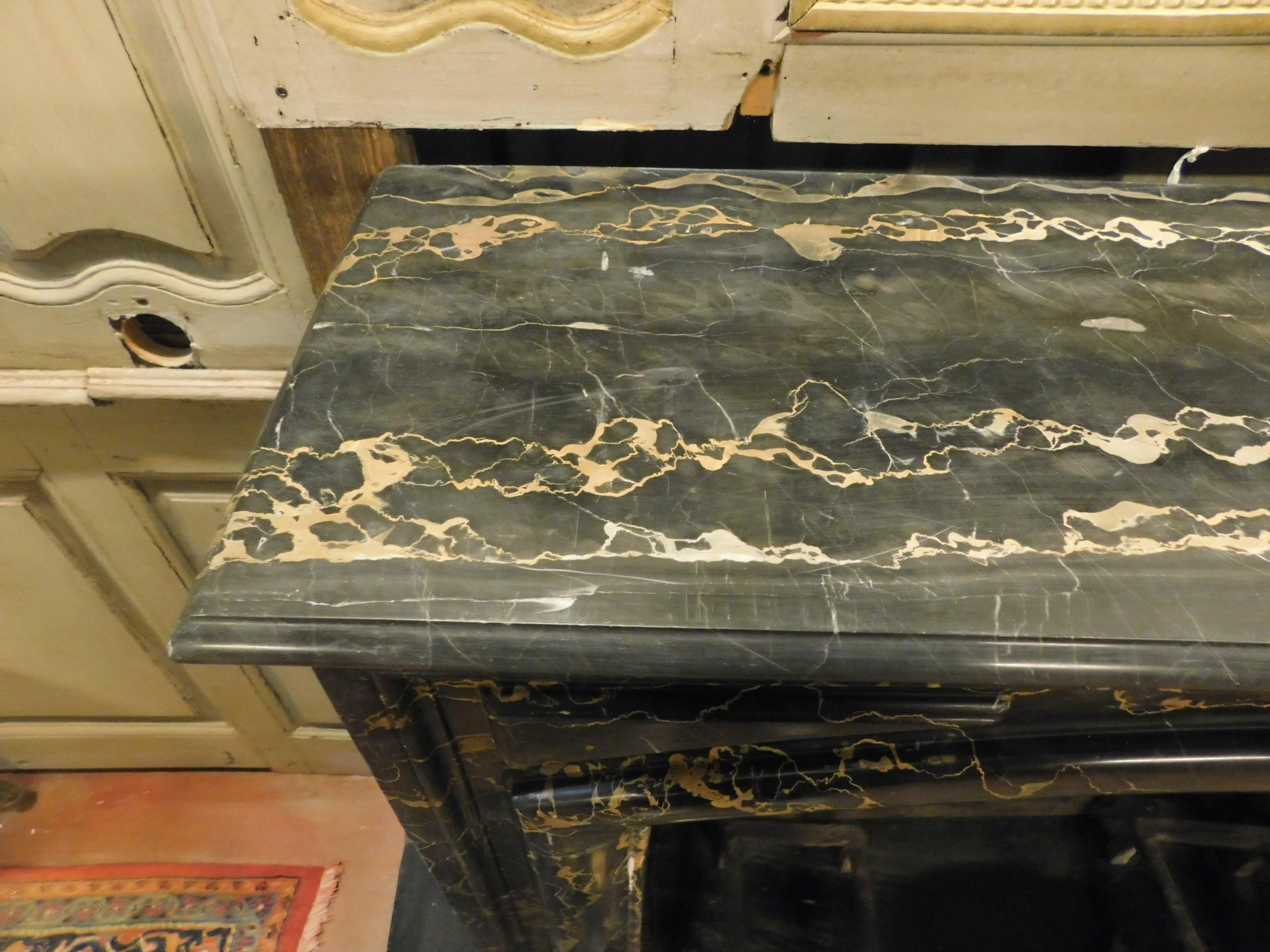 Antique Fireplace Mantle in Black Portoro Veins Marble, 19th Century, France 5