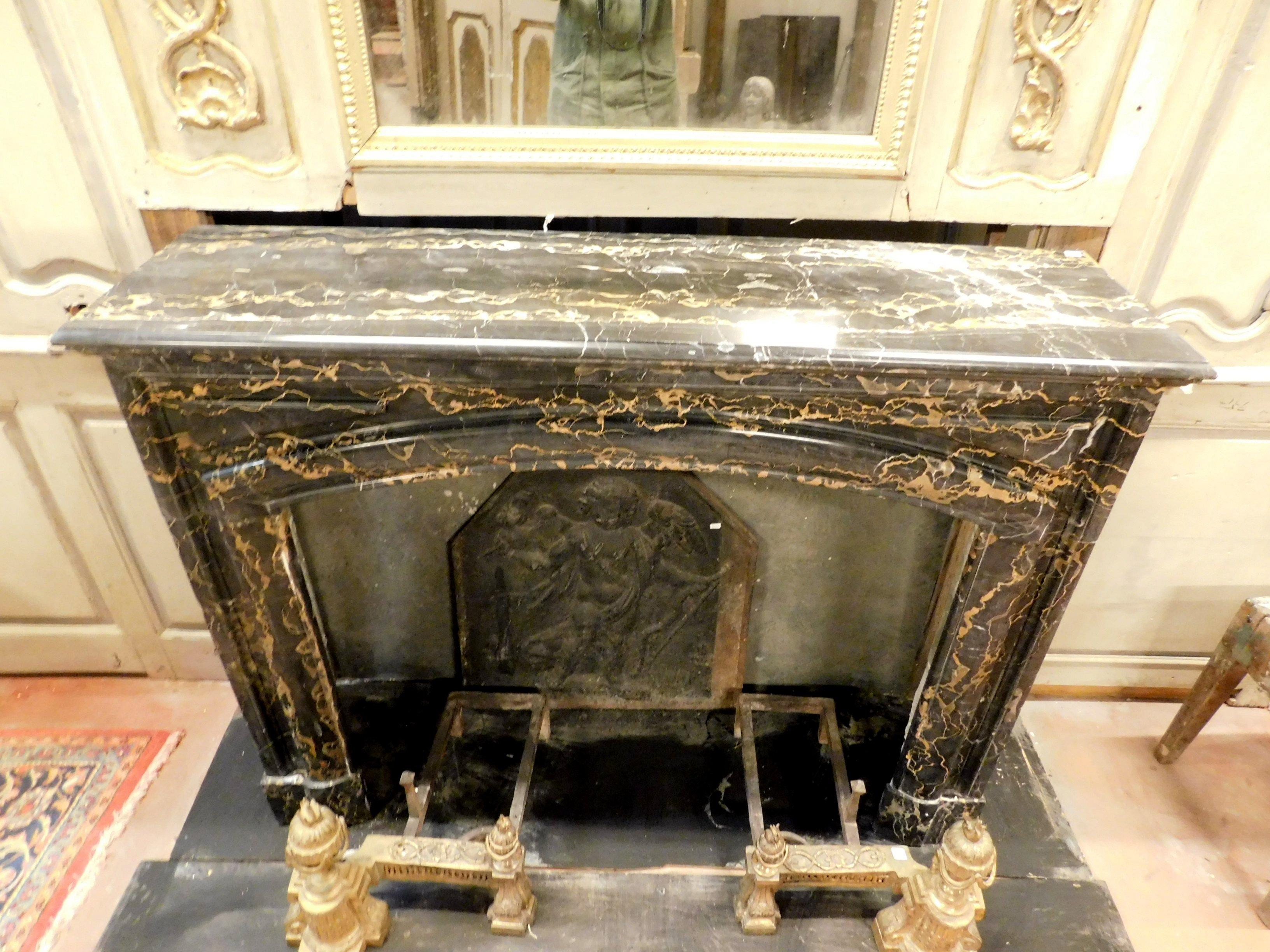 French Antique Fireplace Mantle in Black Portoro Veins Marble, 19th Century, France