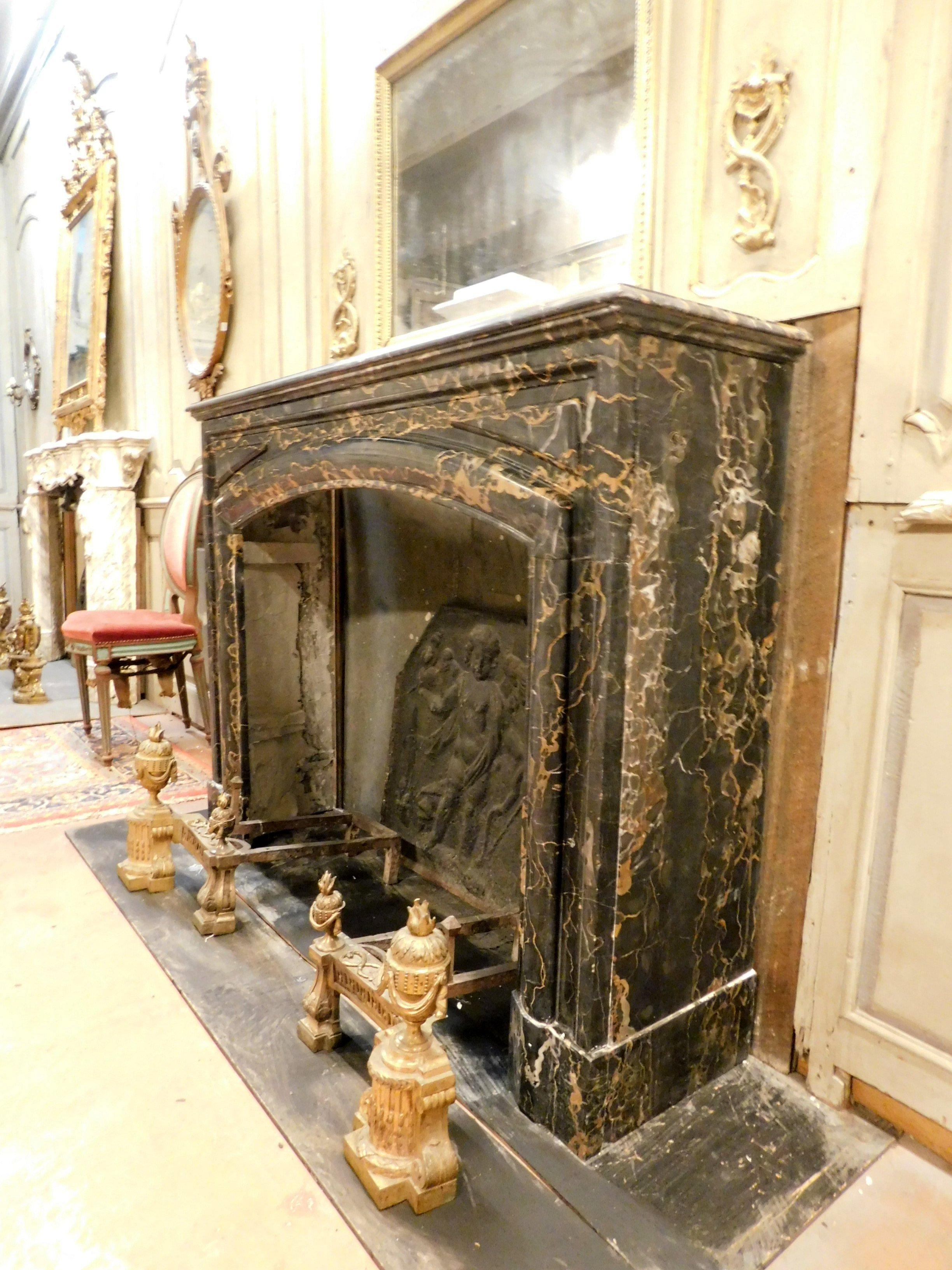 Hand-Carved Antique Fireplace Mantle in Black Portoro Veins Marble, 19th Century, France