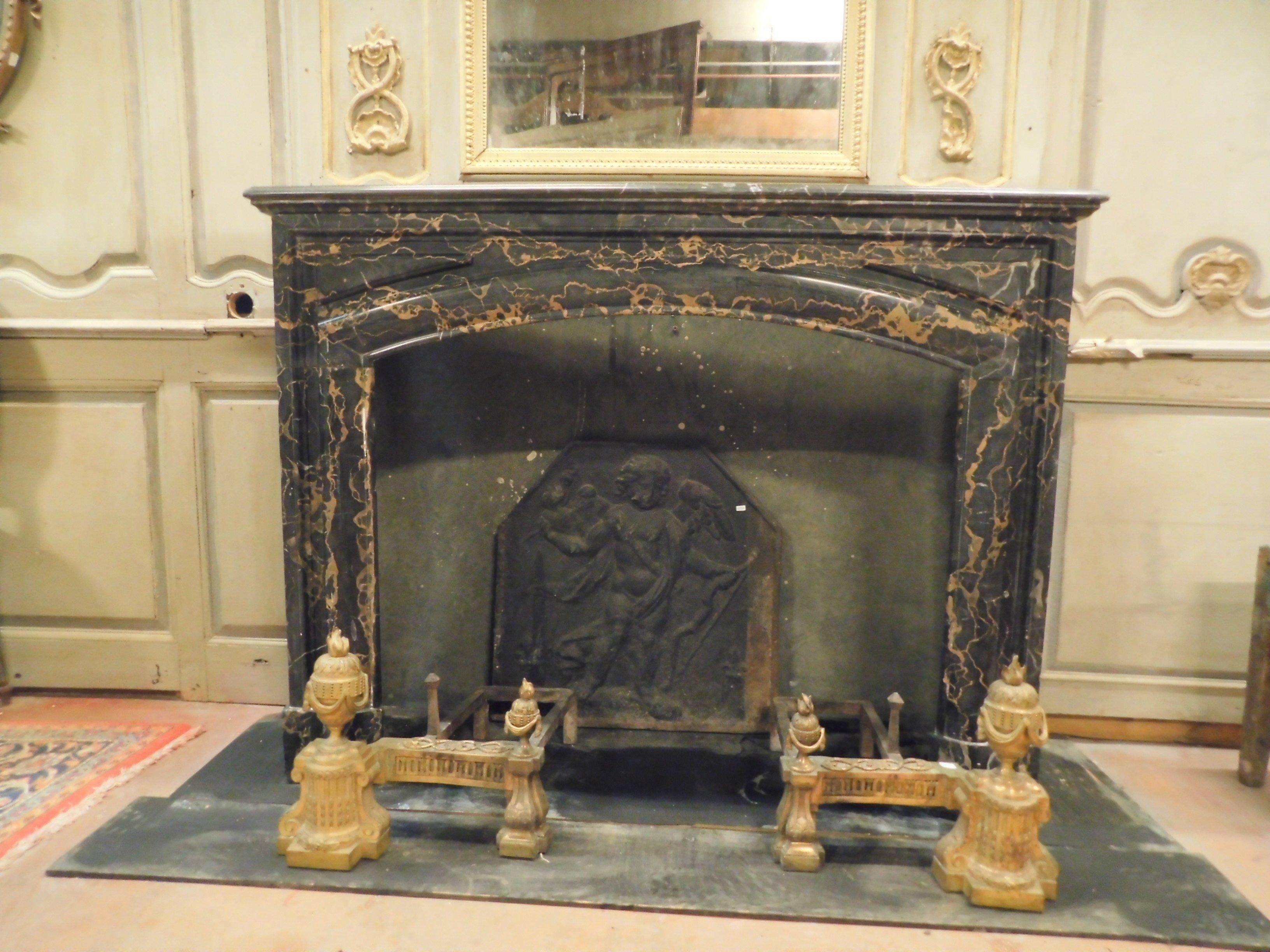 Antique Fireplace Mantle in Black Portoro Veins Marble, 19th Century, France 2