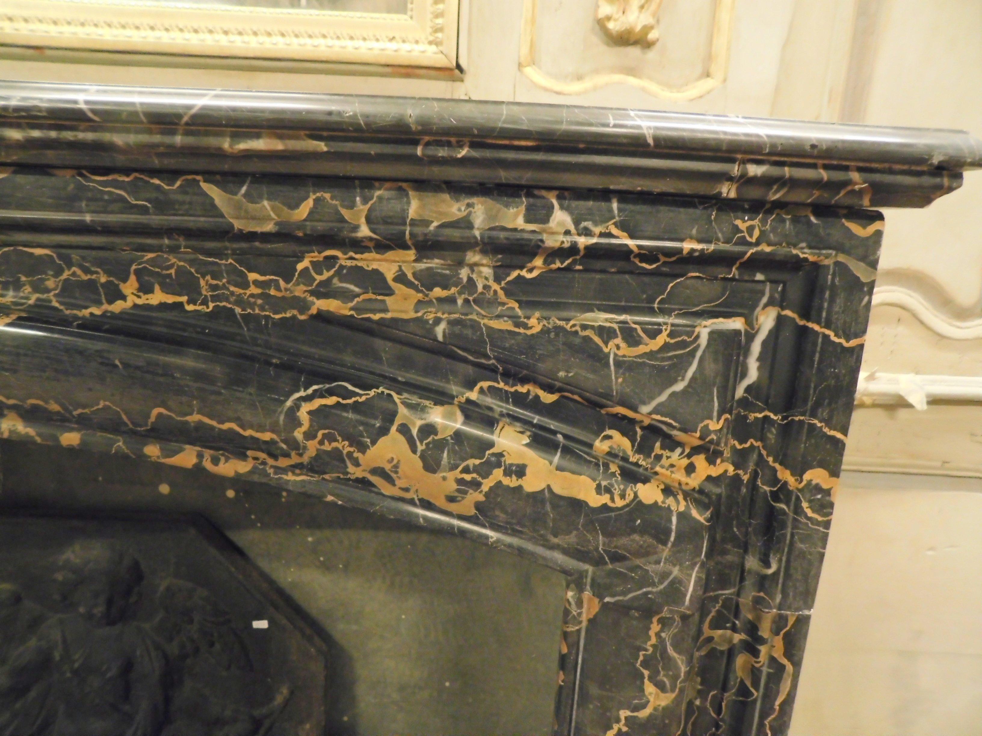 Antique Fireplace Mantle in Black Portoro Veins Marble, 19th Century, France 3