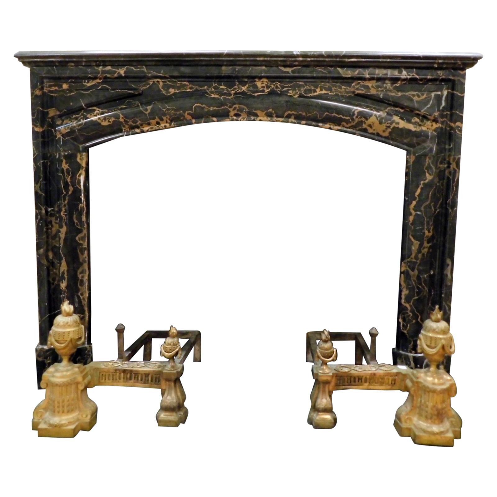 Antique Fireplace Mantle in Black Portoro Veins Marble, 19th Century, France