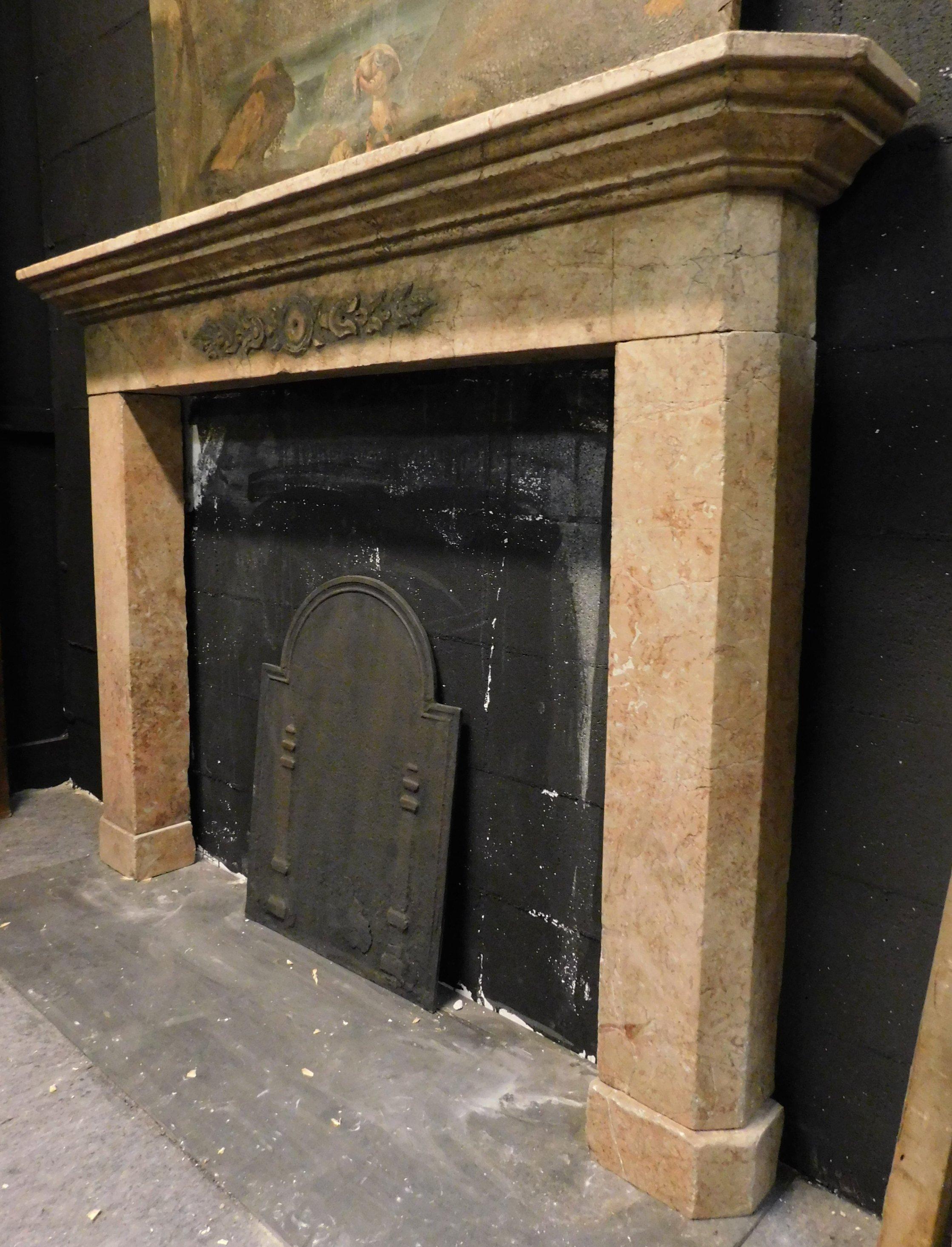 Italian Antique Fireplace Mantle in Breccia Pink Marble from Brescia, '800 Italy For Sale