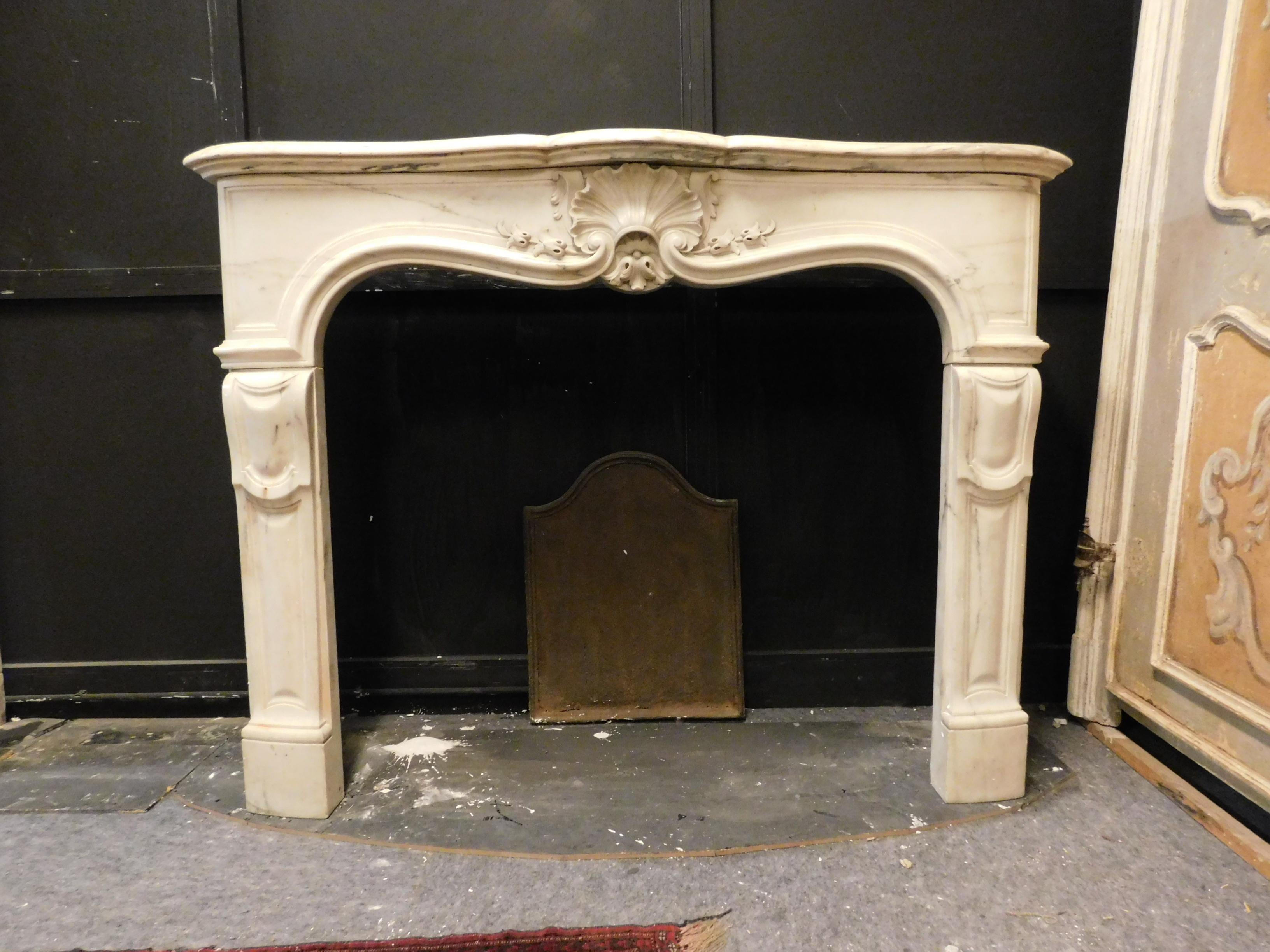 French Antique Fireplace Mantle in White Carrara Marble, Louis XV Style, 1750, France