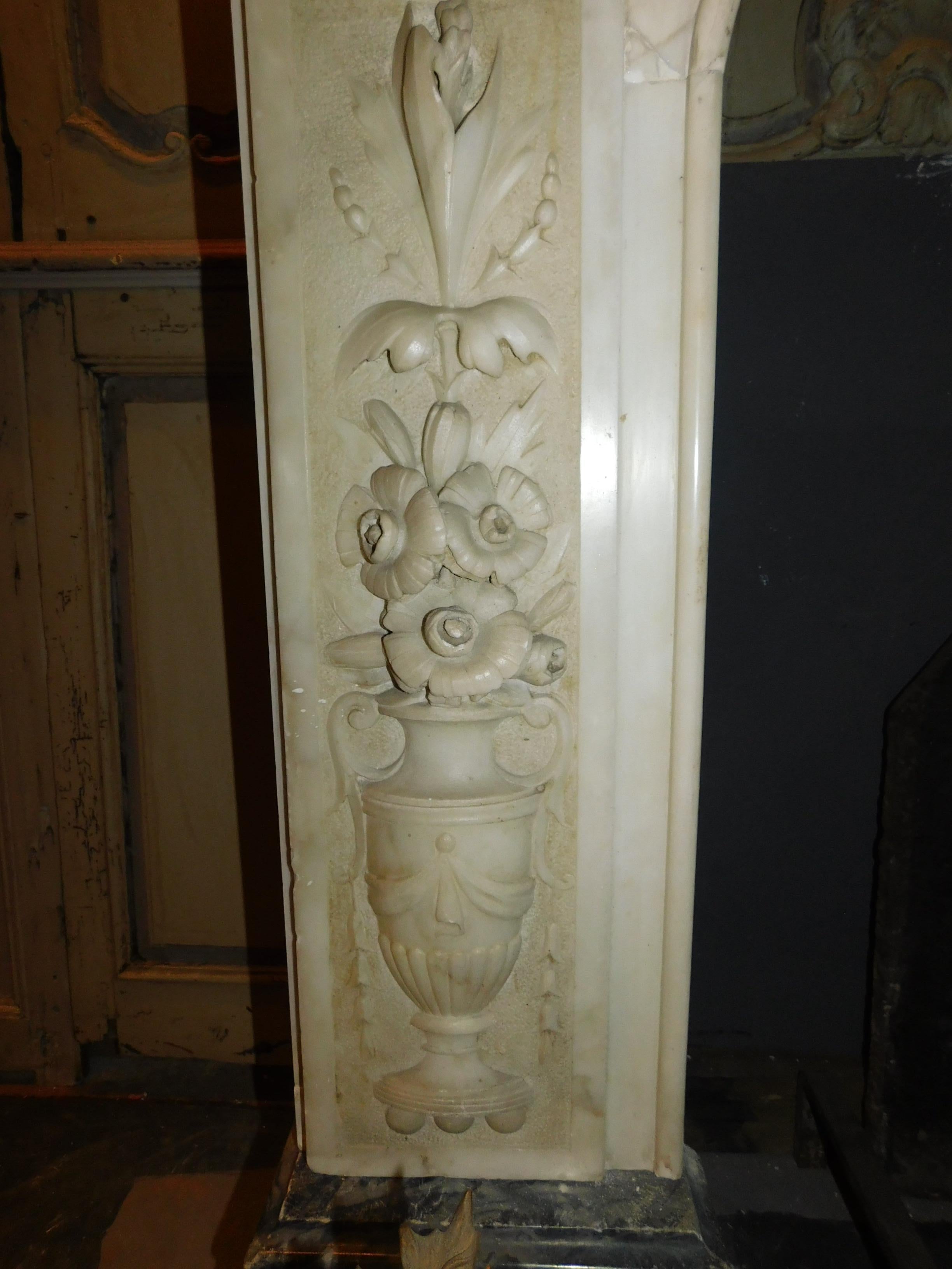 Antique Fireplace Mantle White Carrara Marble, Richly Carved, 19th Century Italy For Sale 5