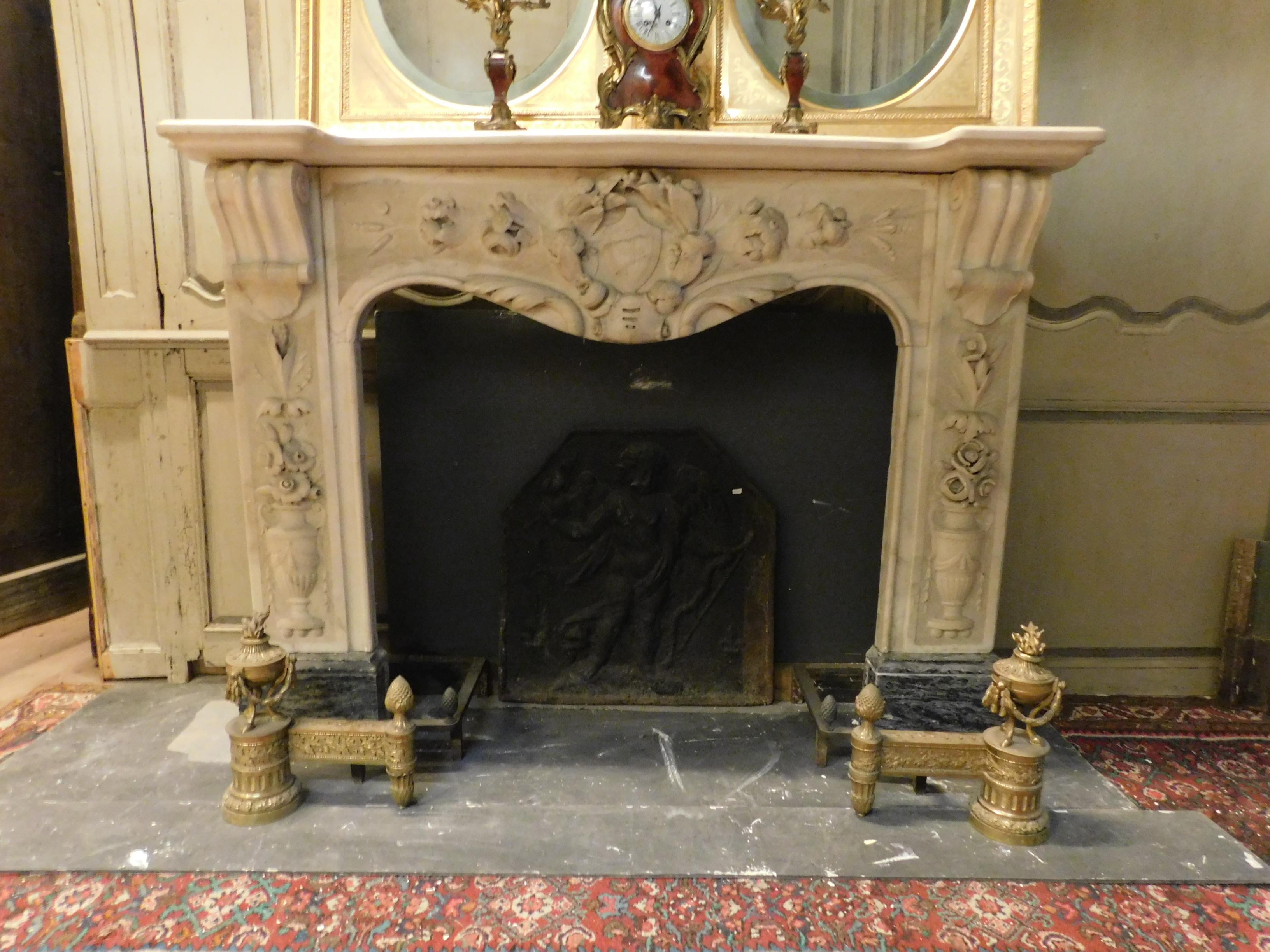 Italian Antique Fireplace Mantle White Carrara Marble, Richly Carved, 19th Century Italy For Sale