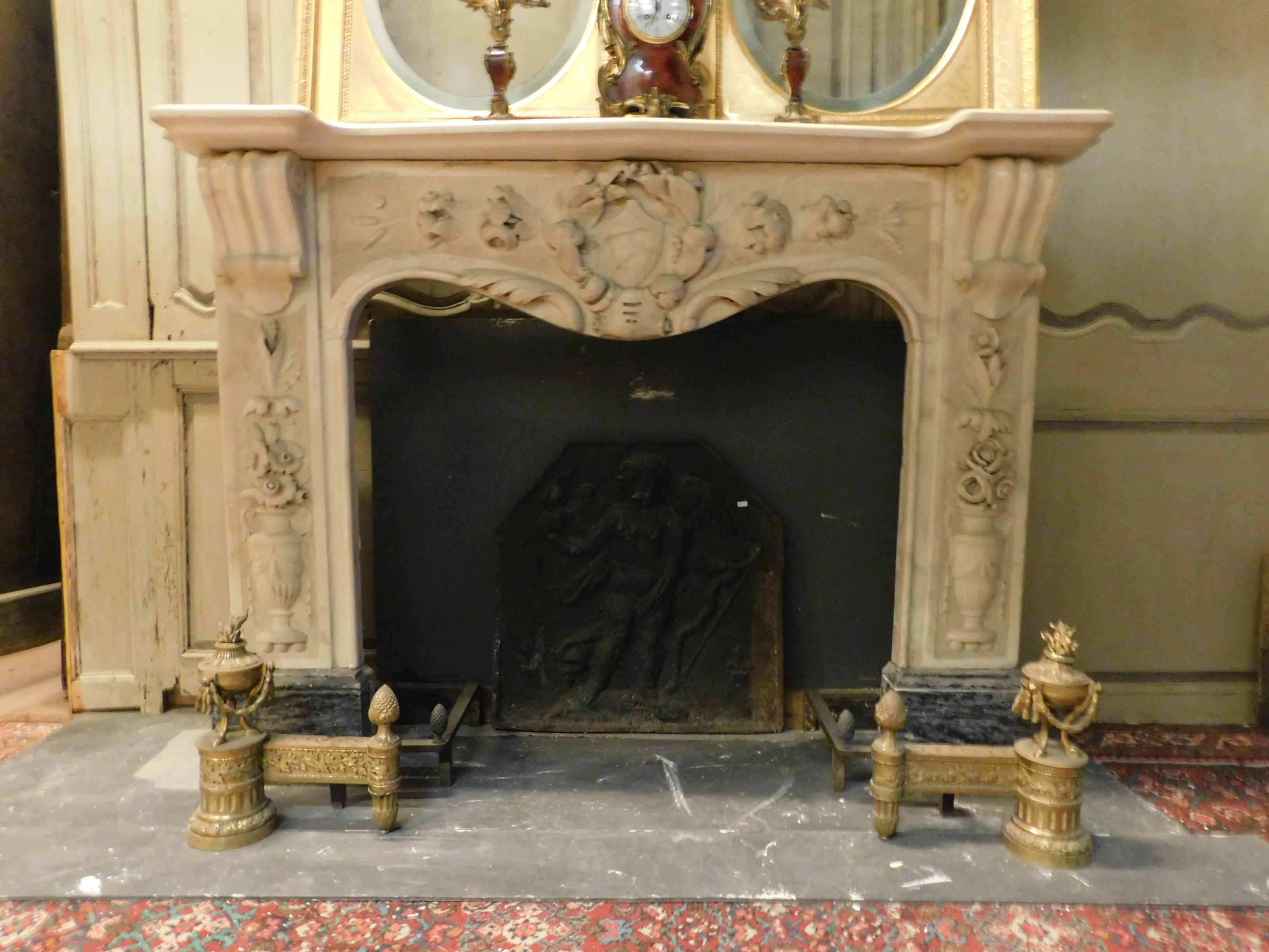 Hand-Carved Antique Fireplace Mantle White Carrara Marble, Richly Carved, 19th Century Italy For Sale
