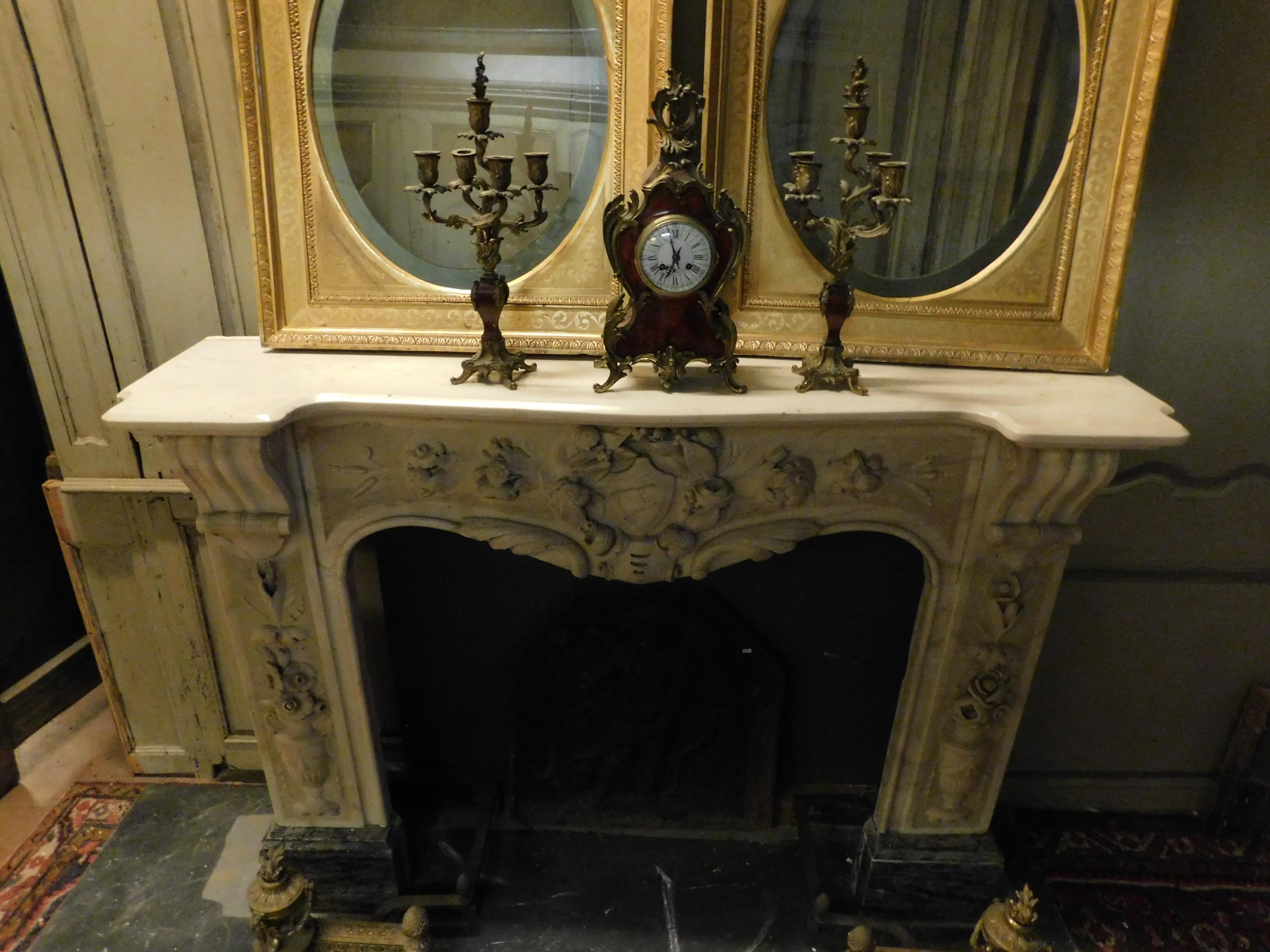 Antique Fireplace Mantle White Carrara Marble, Richly Carved, 19th Century Italy For Sale 1