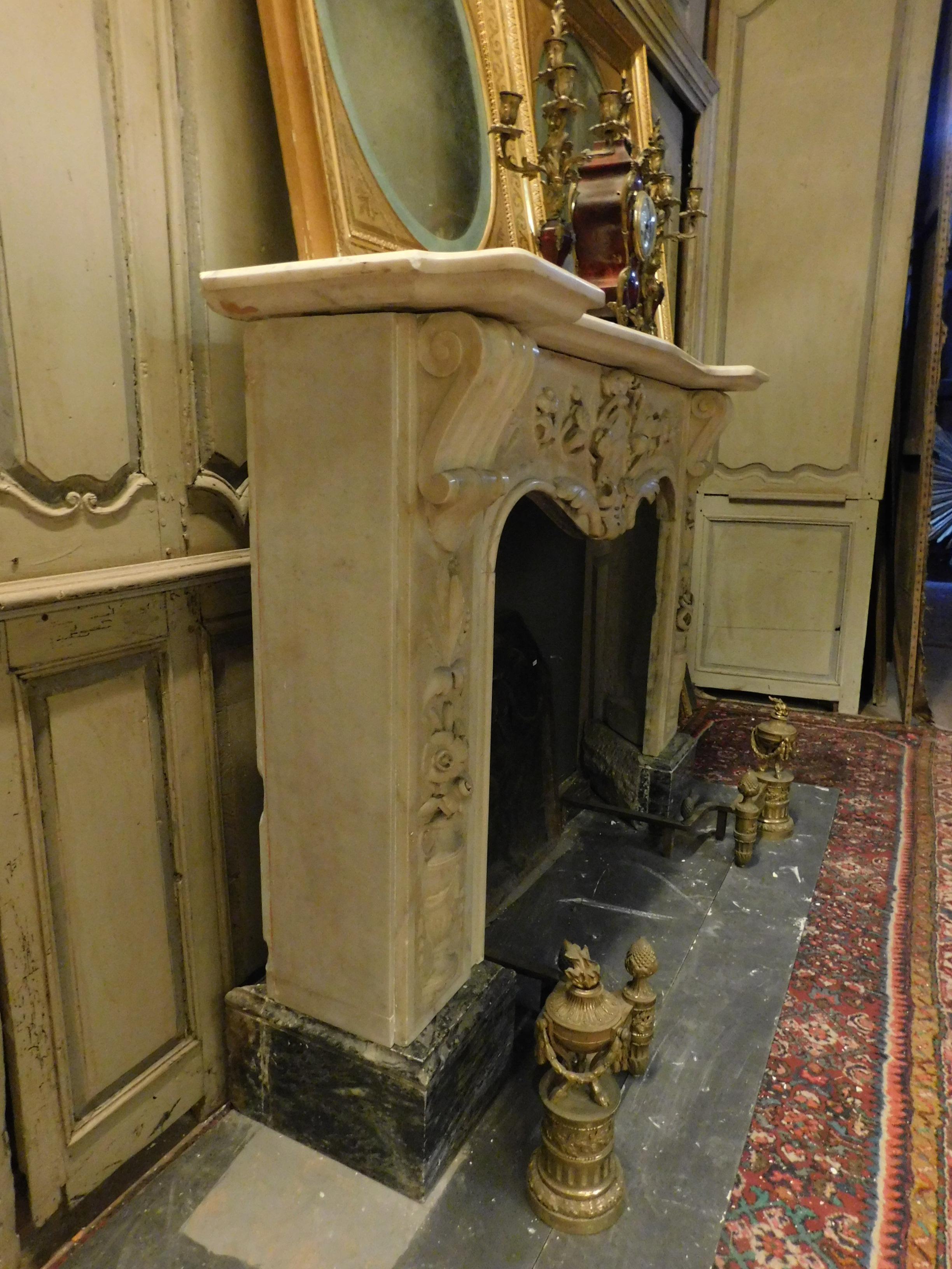 Antique Fireplace Mantle White Carrara Marble, Richly Carved, 19th Century Italy For Sale 2
