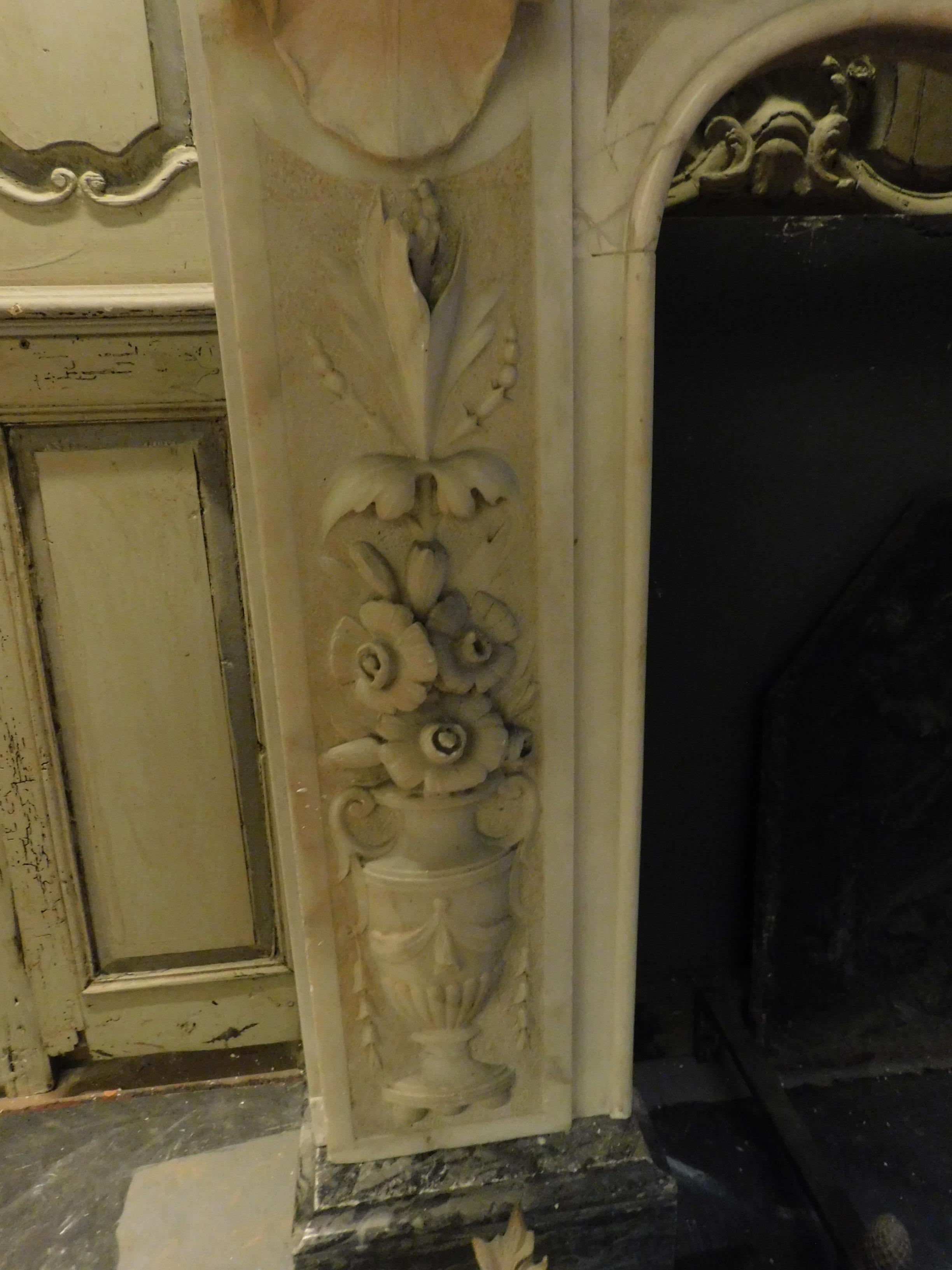 Antique Fireplace Mantle White Carrara Marble, Richly Carved, 19th Century Italy For Sale 3